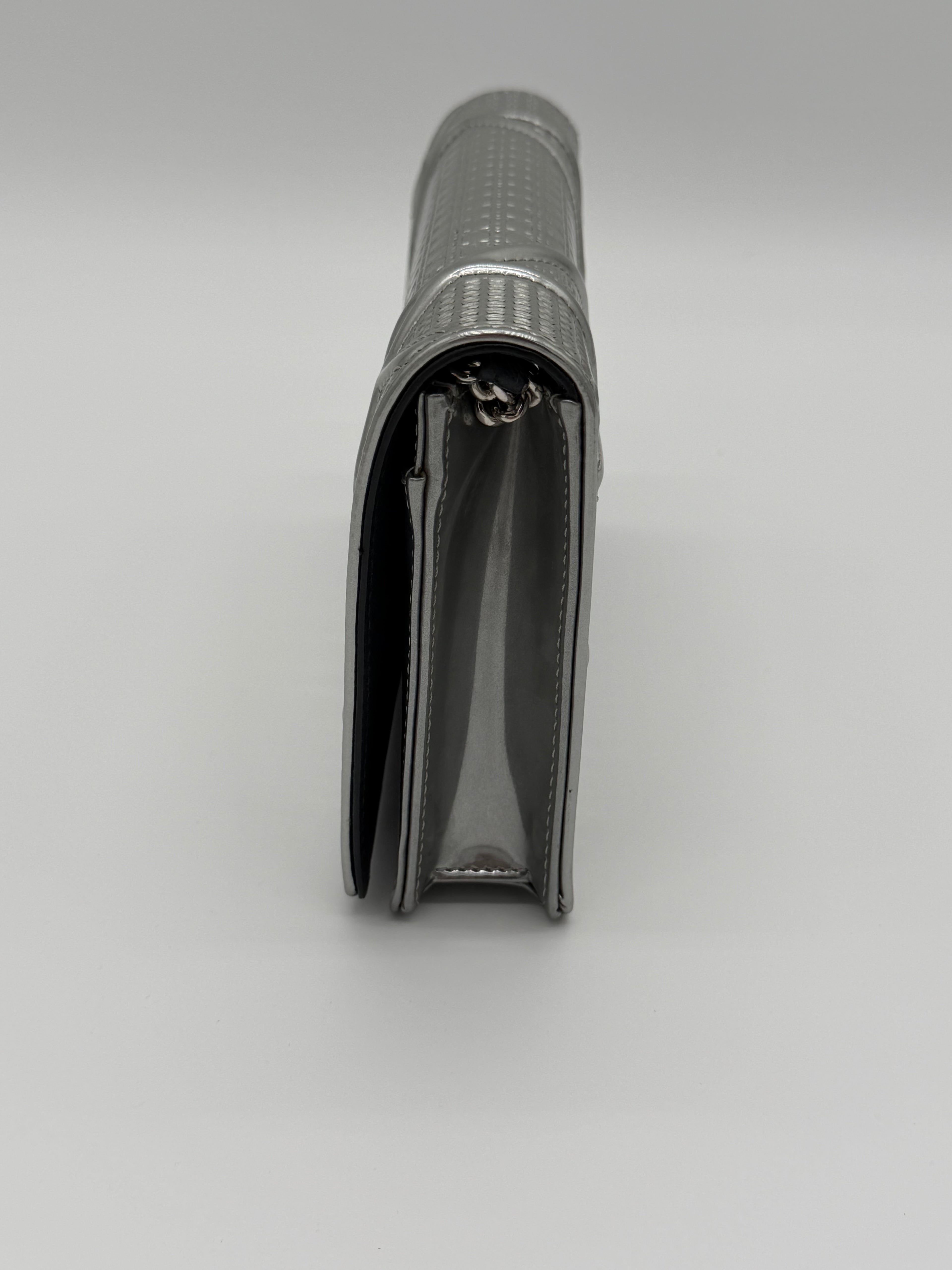 Christian Dior Diorama Silver Micro Cannage Patent Leather Wallet on Chain - Full Set