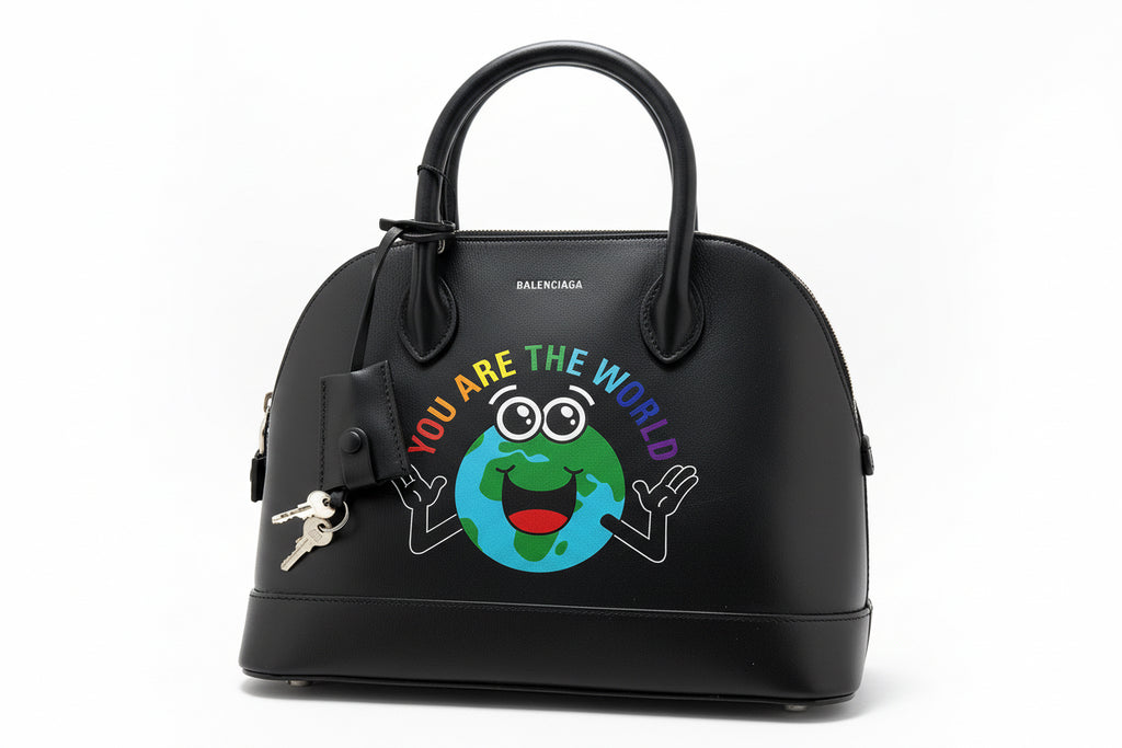 Balenciaga Ville Top Handle Bag “You Are the World” Graphic Leather – Black