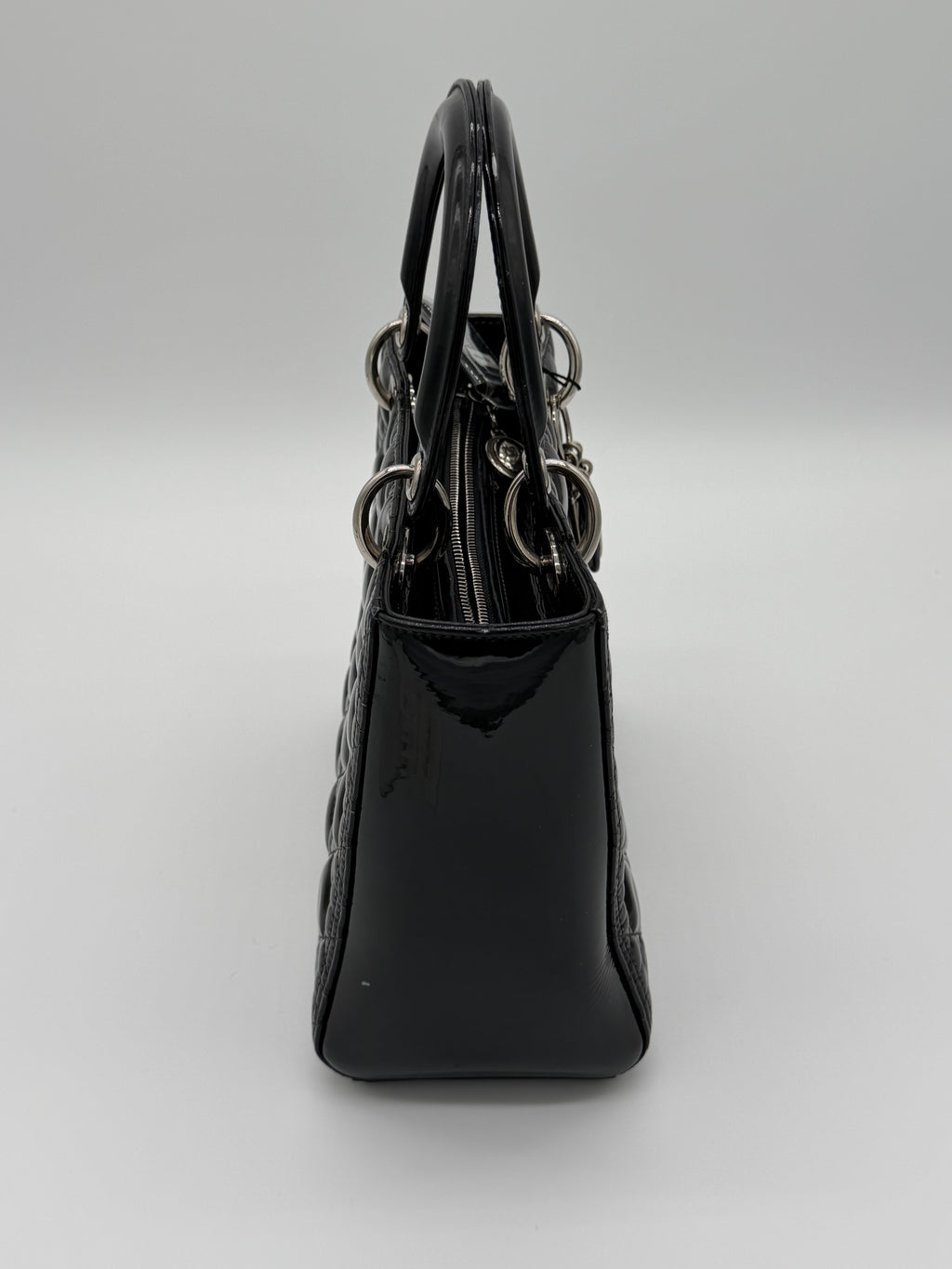 Christian Dior Lady Dior Medium Black Patent Cannage Leather Top Handle Bag | Silver Hardware
