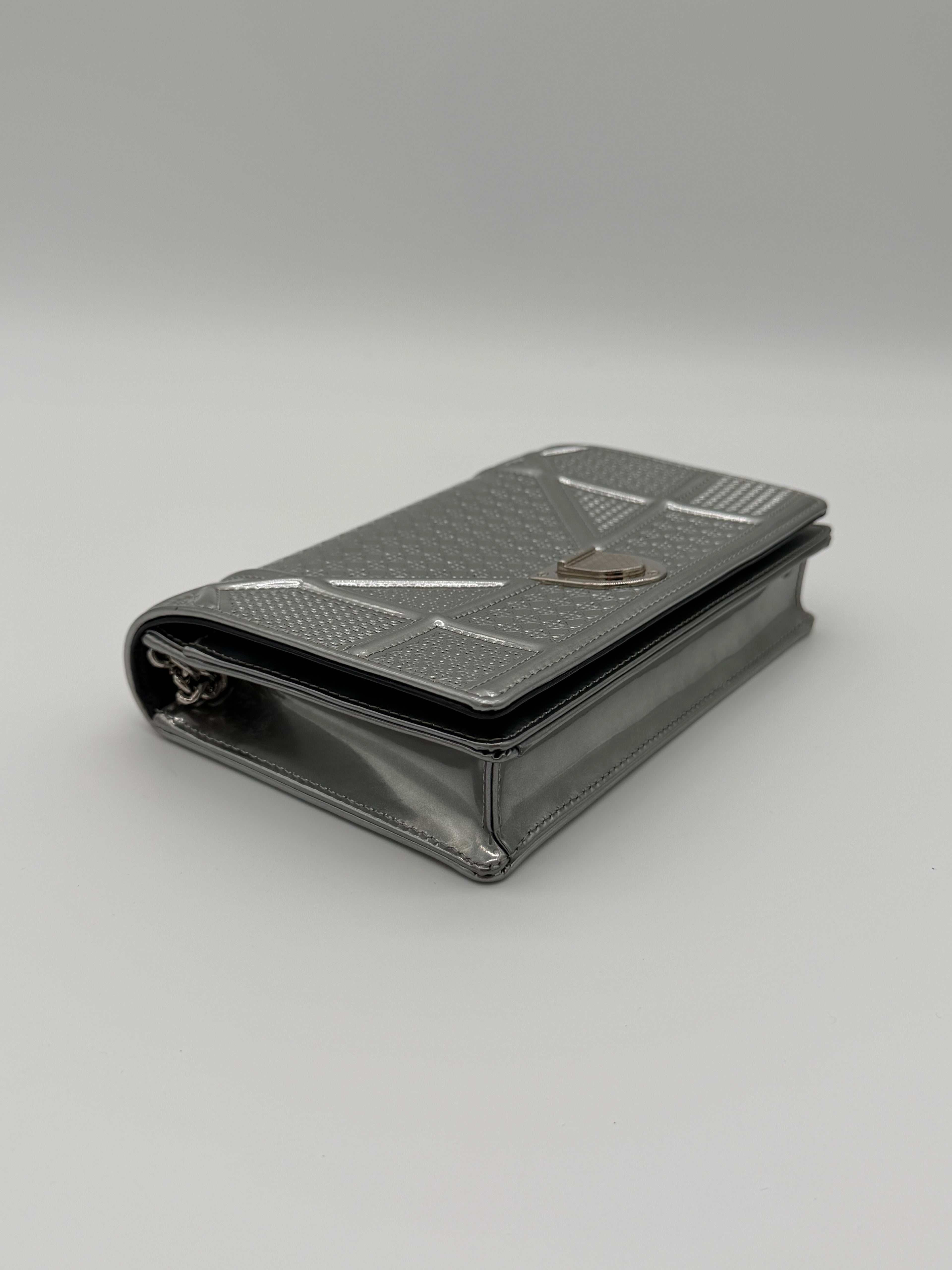 Christian Dior Diorama Silver Micro Cannage Patent Leather Wallet on Chain - Full Set