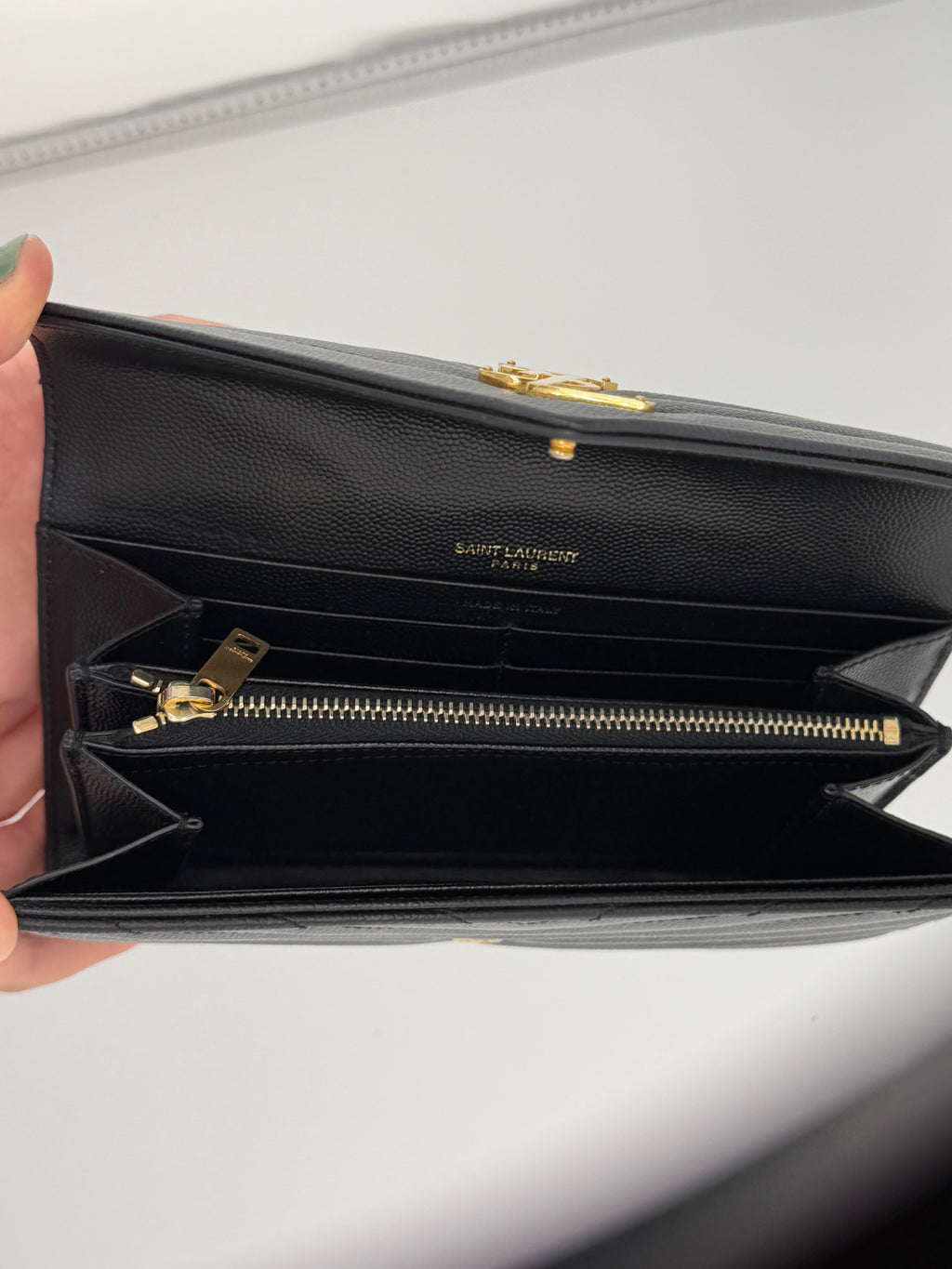 Saint Laurent Cassandre Long Wallet – Black Grain de Poudre Leather with Gold Hardware