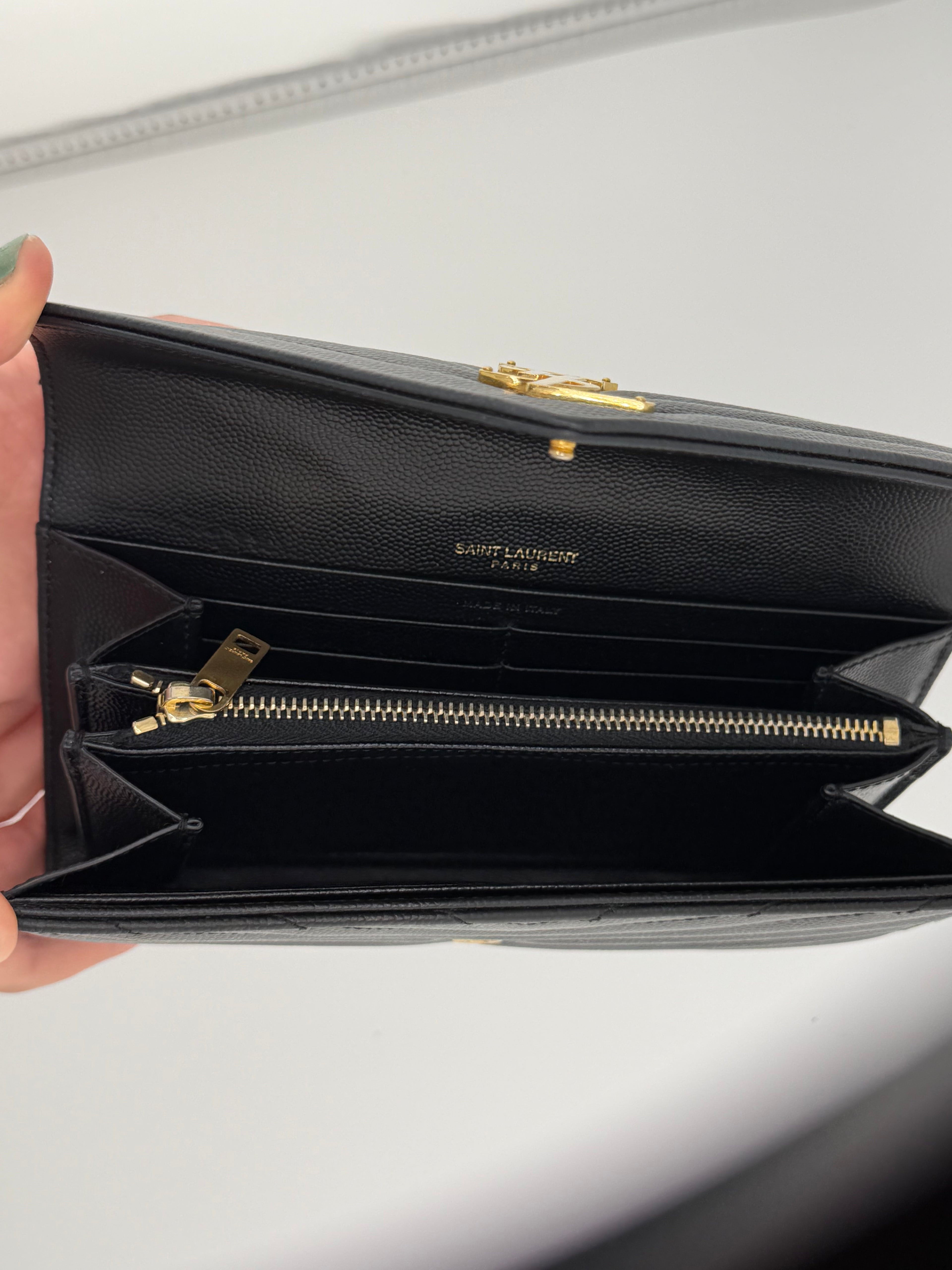 Saint Laurent Cassandre Long Wallet – Black Grain de Poudre Leather with Gold Hardware