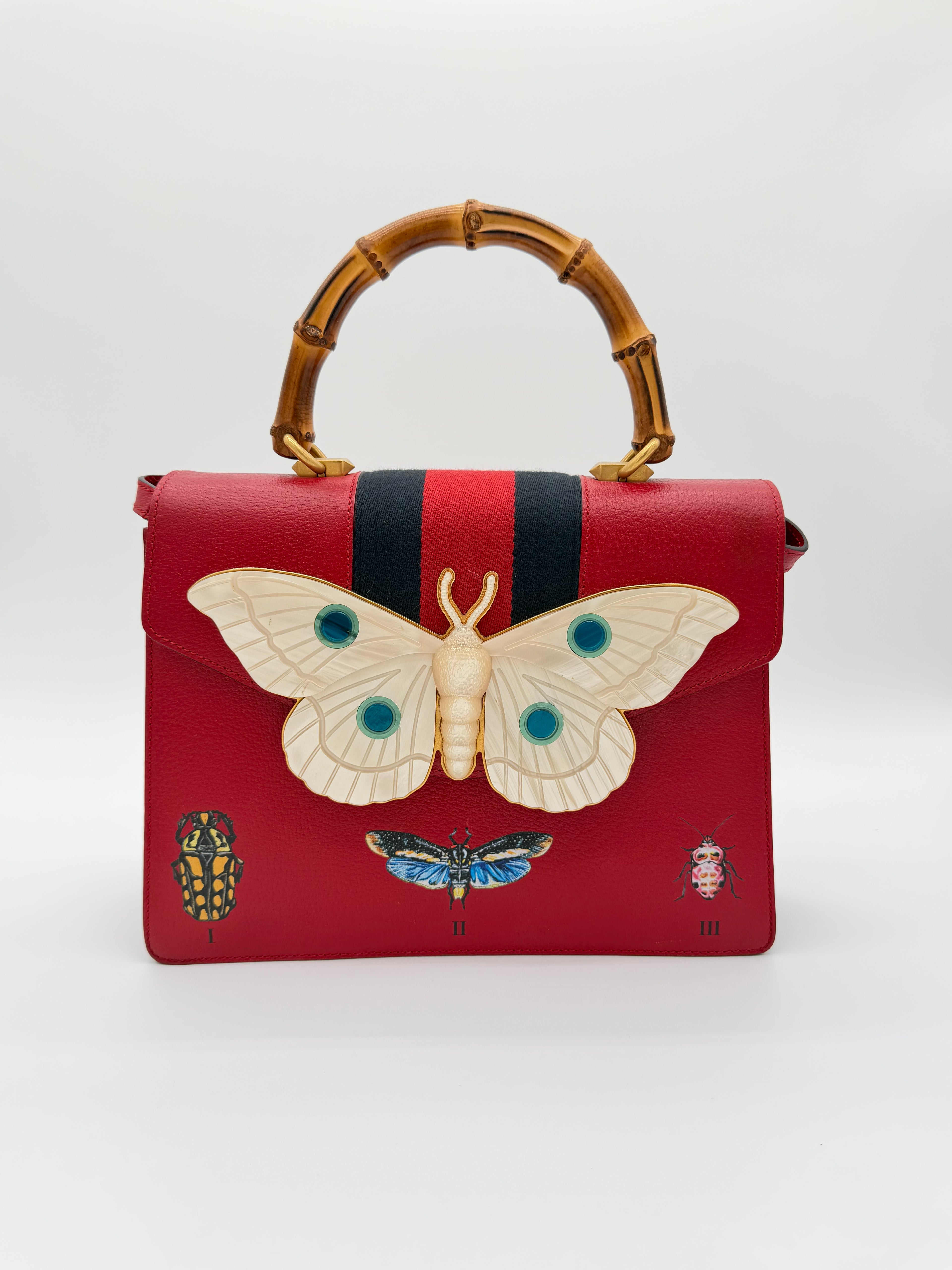 Gucci Bamboo Top Handle Bag – Red Leather with Web Stripe & Moth Appliqué