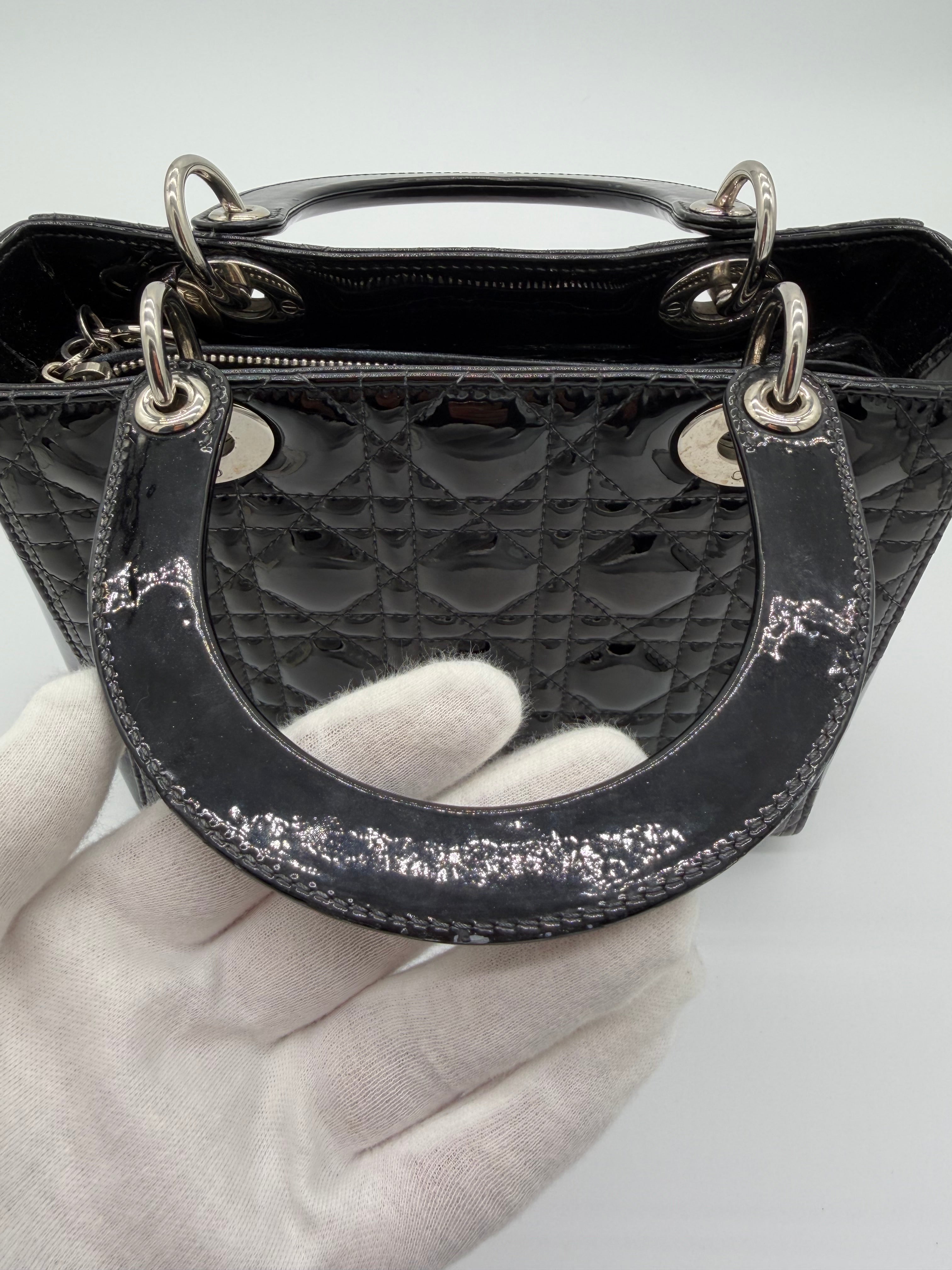 Christian Dior Lady Dior Medium Black Patent Cannage Leather Top Handle Bag | Silver Hardware