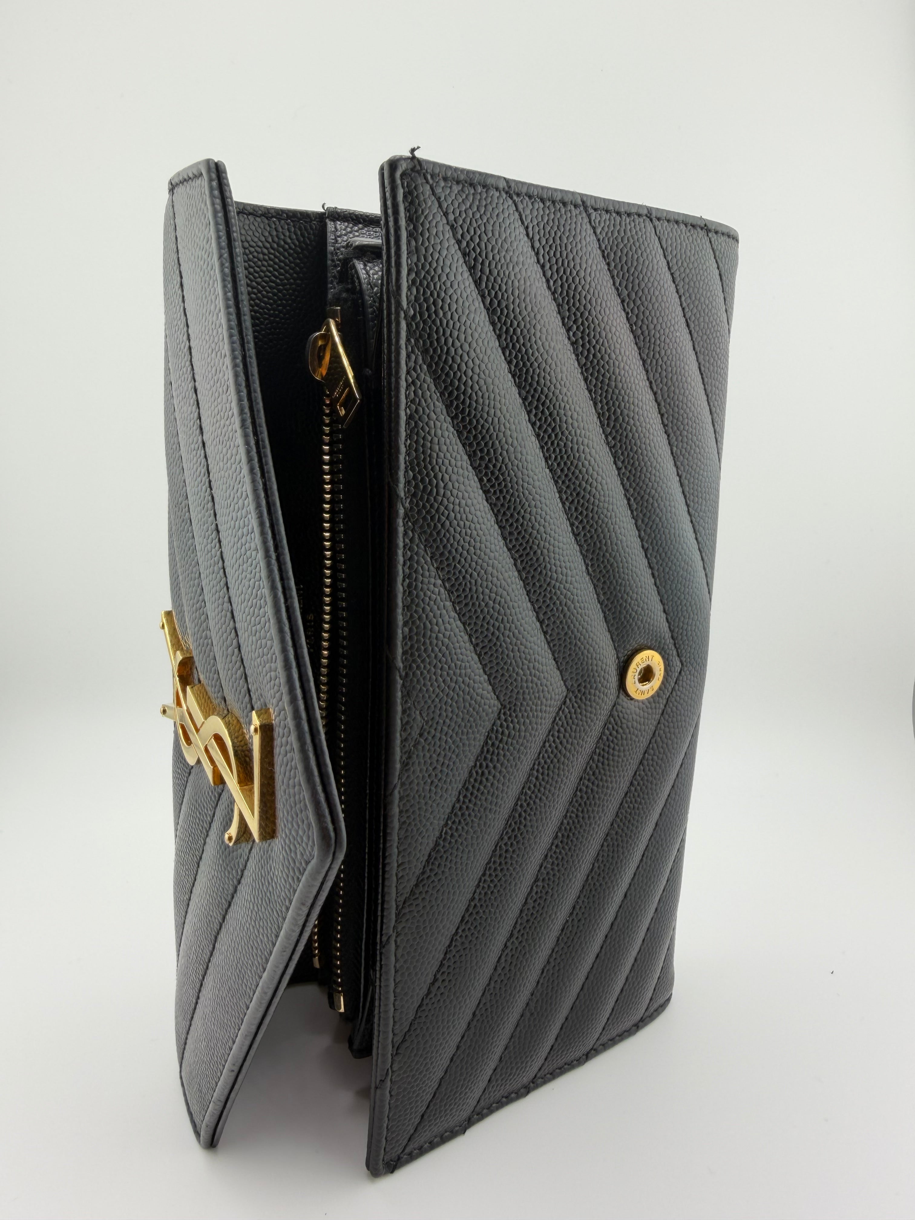 Saint Laurent Cassandre Long Wallet – Black Grain de Poudre Leather with Gold Hardware