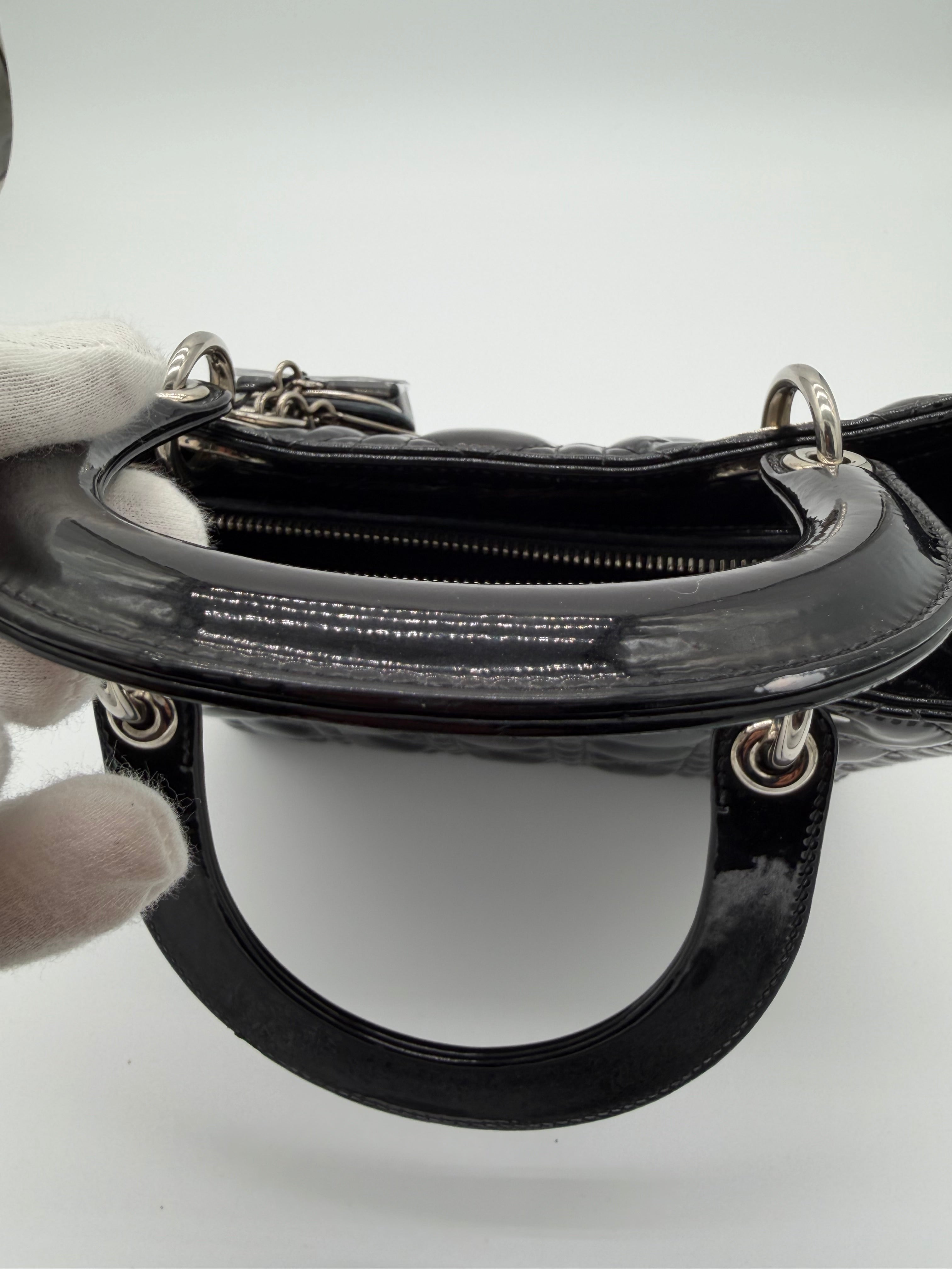 Christian Dior Lady Dior Medium Black Patent Cannage Leather Top Handle Bag | Silver Hardware