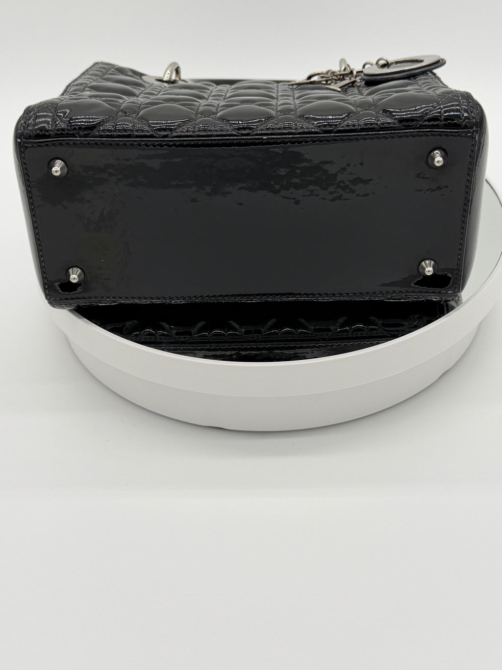 Christian Dior Lady Dior Medium Black Patent Cannage Leather Top Handle Bag | Silver Hardware