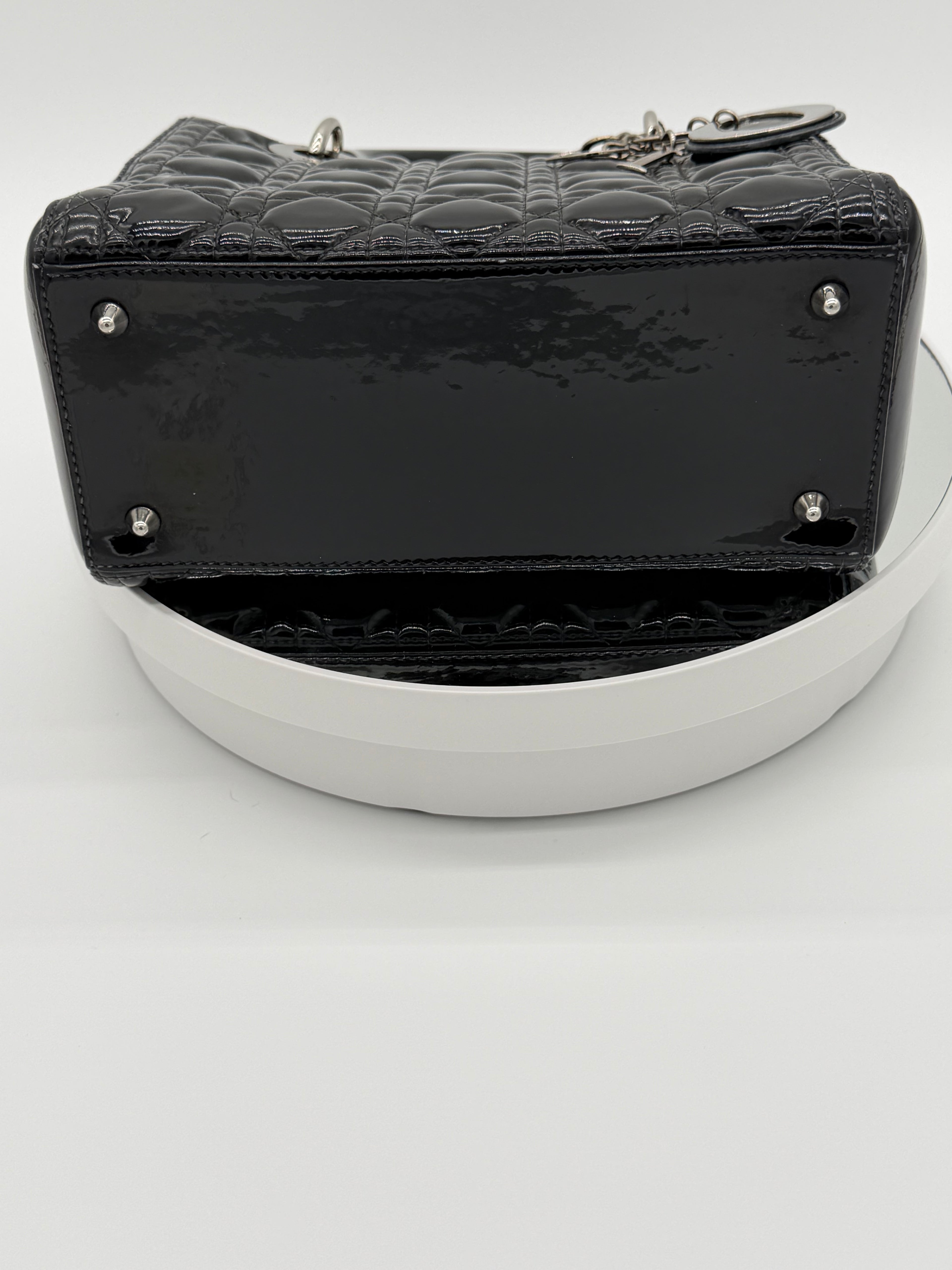 Christian Dior Lady Dior Medium Black Patent Cannage Leather Top Handle Bag | Silver Hardware