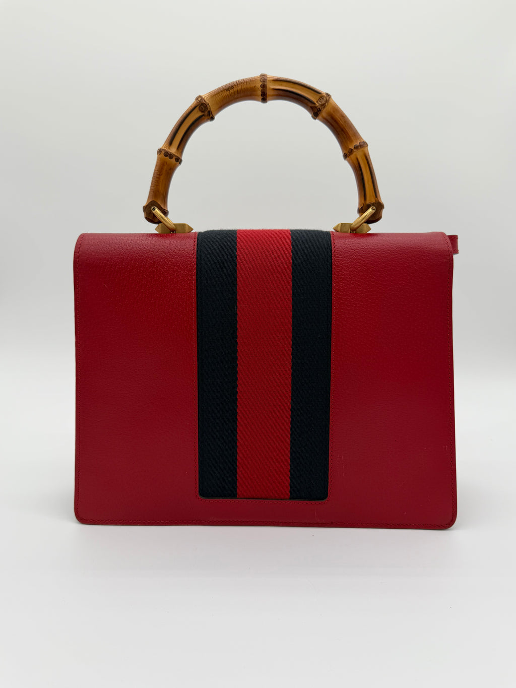 Gucci Bamboo Top Handle Bag – Red Leather with Web Stripe & Moth Appliqué