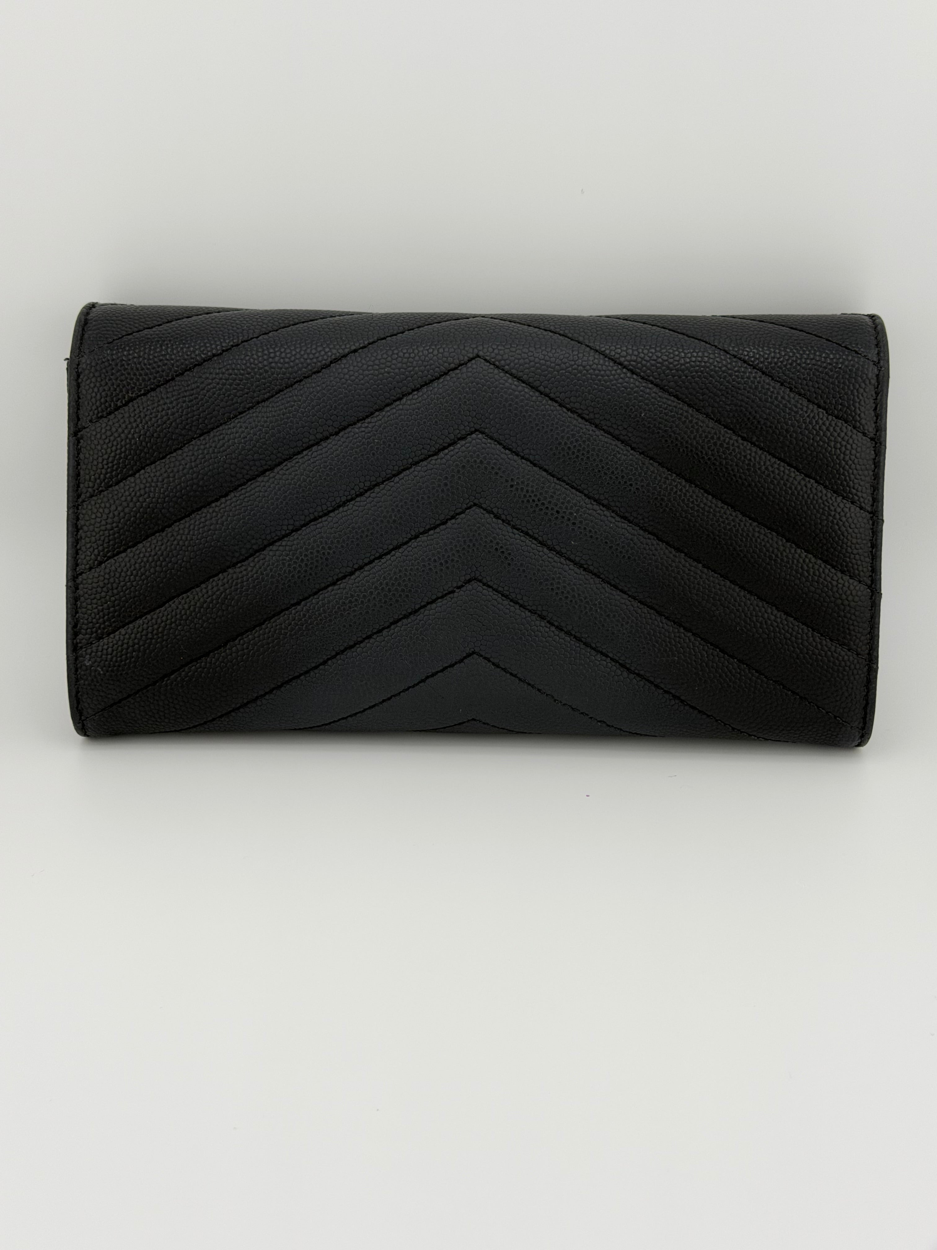 Saint Laurent Cassandre Long Wallet – Black Grain de Poudre Leather with Gold Hardware