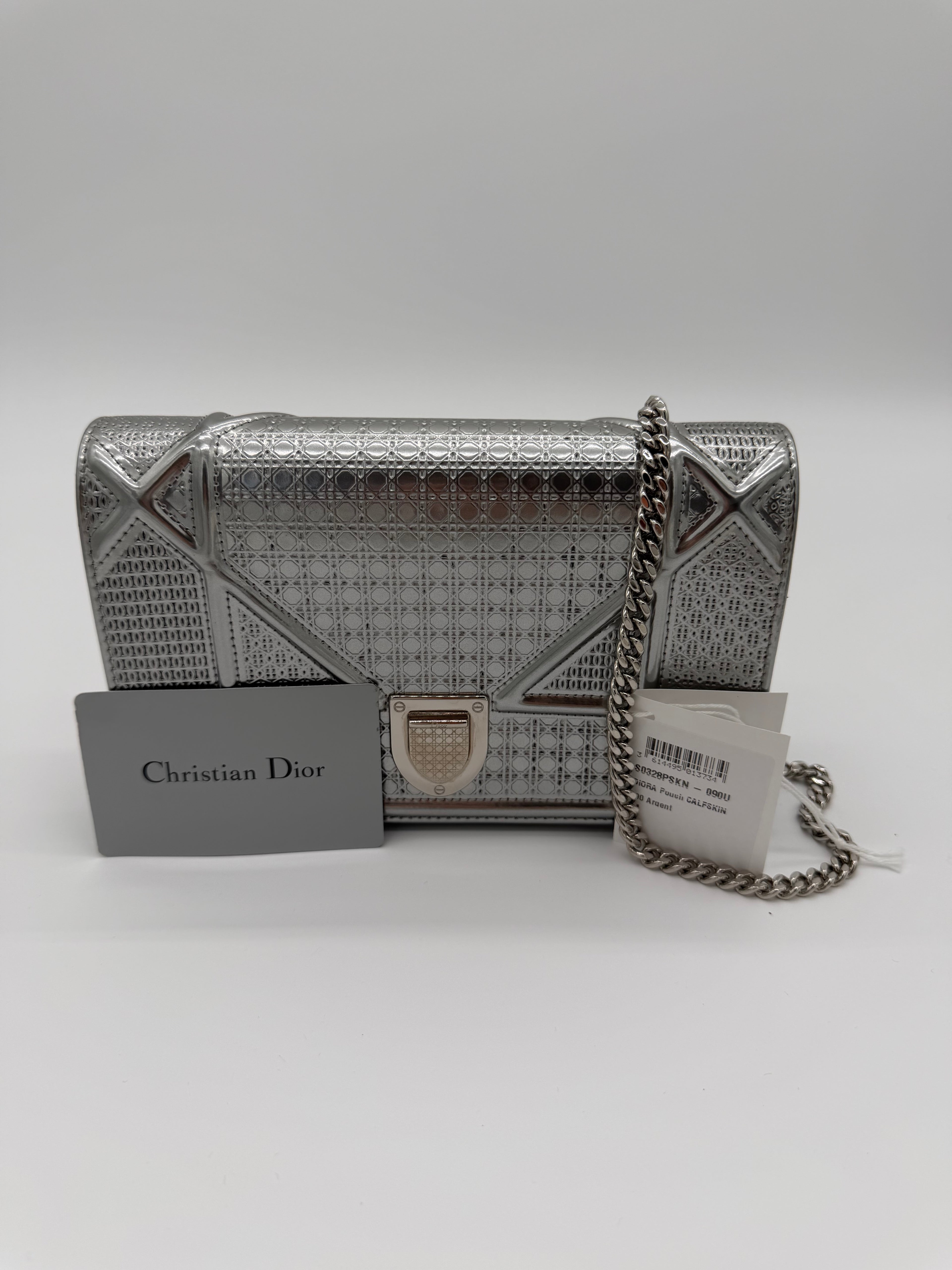 Christian Dior Diorama Silver Micro Cannage Patent Leather Wallet on Chain - Full Set