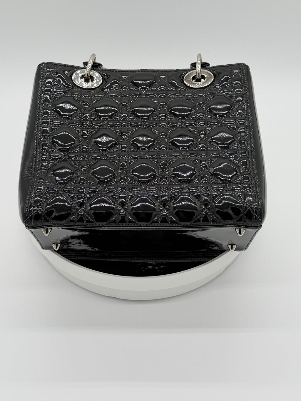 Christian Dior Lady Dior Medium Black Patent Cannage Leather Top Handle Bag | Silver Hardware