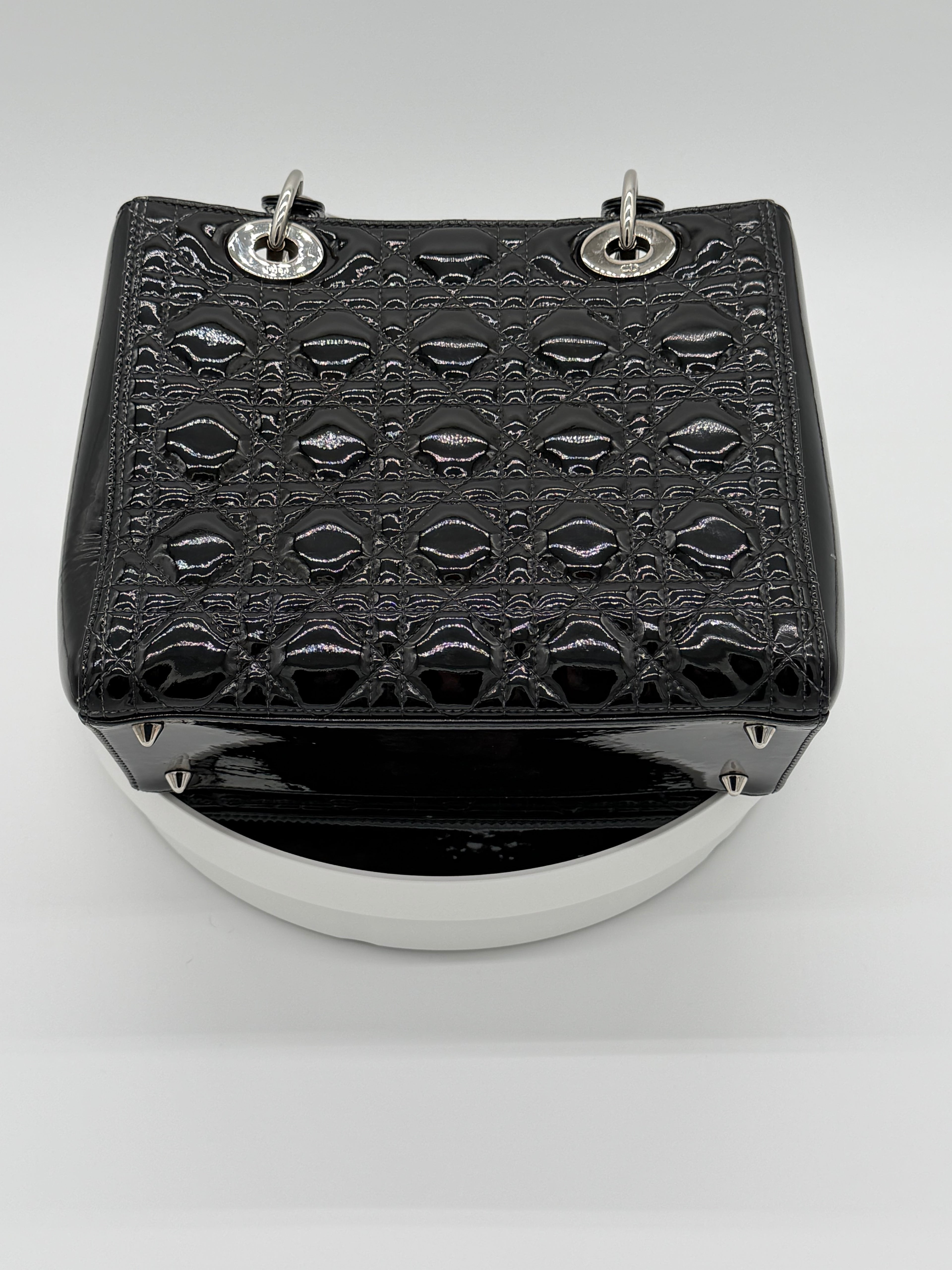 Christian Dior Lady Dior Medium Black Patent Cannage Leather Top Handle Bag | Silver Hardware