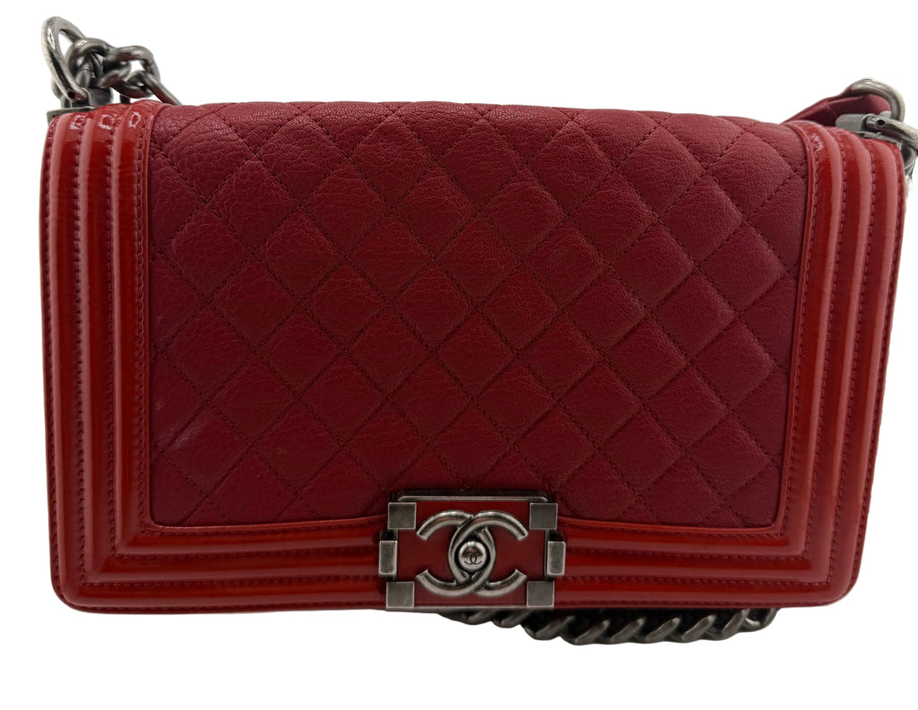 Chanel Medium Boy Bag Quilted Leather Red with Ruthenium Hardware