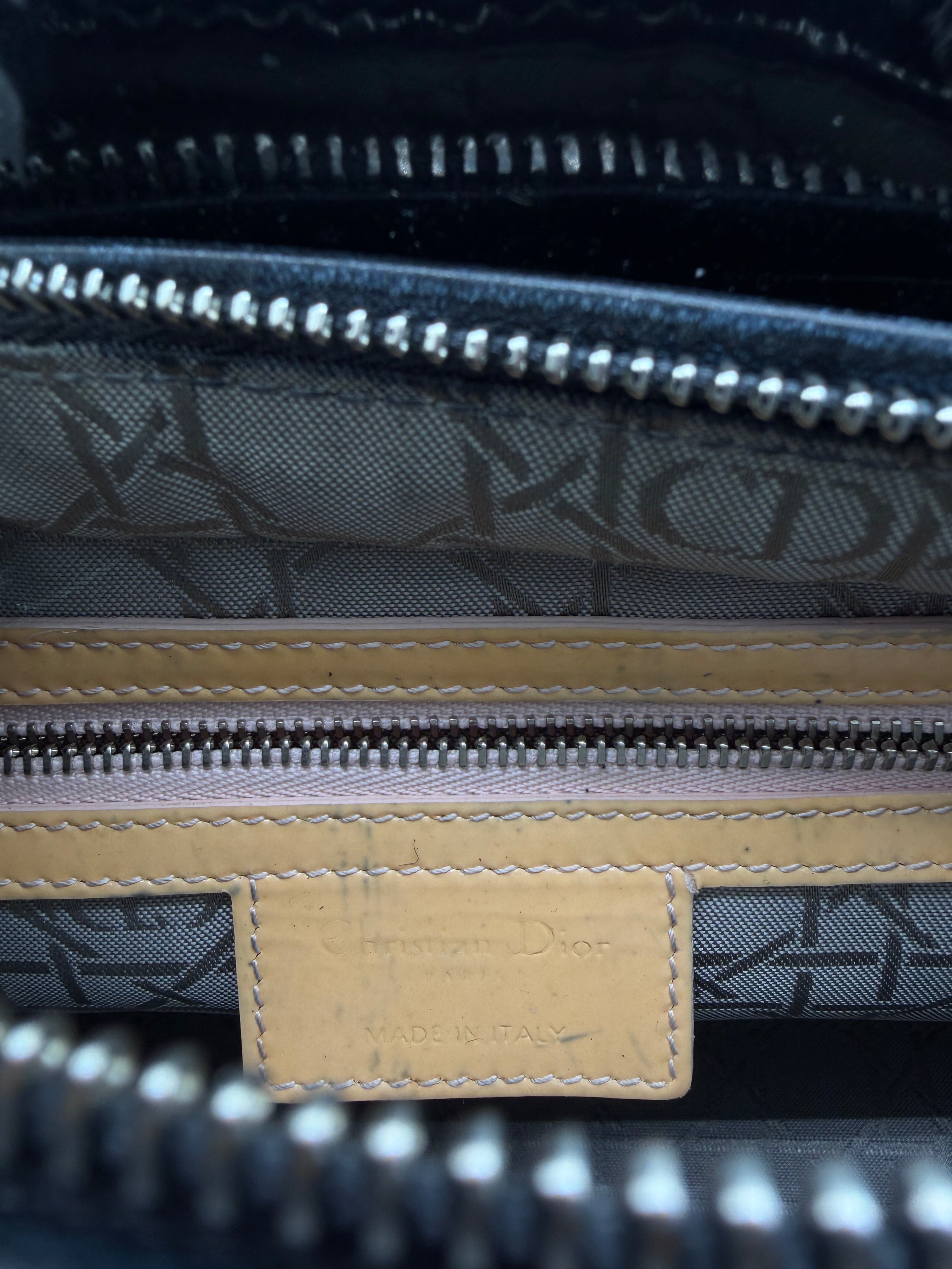 Christian Dior Lady Dior Medium Black Patent Cannage Leather Top Handle Bag | Silver Hardware