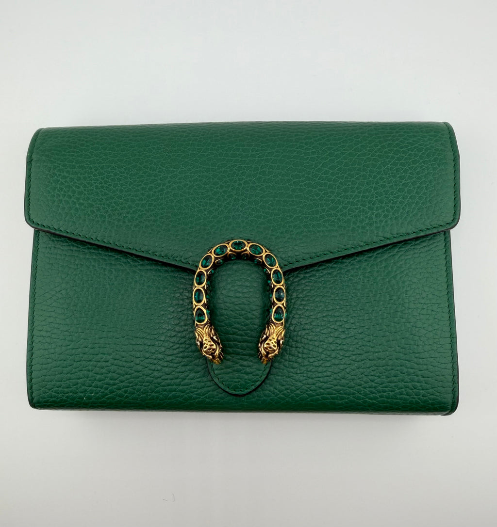 Gucci Dionysus Wallet on Chain – Green Leather with Jeweled Tiger Head