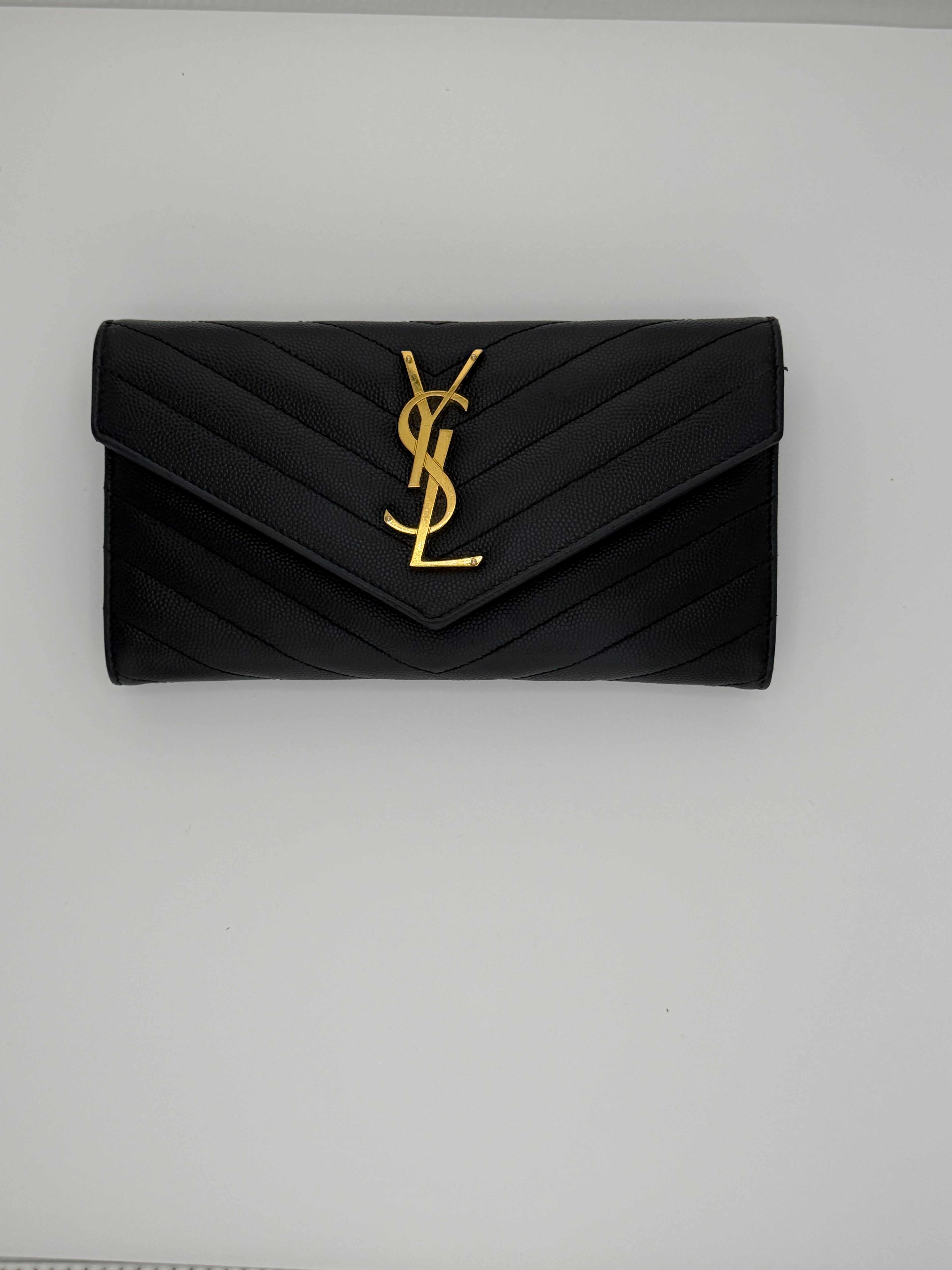 Saint Laurent Cassandre Long Wallet – Black Grain de Poudre Leather with Gold Hardware