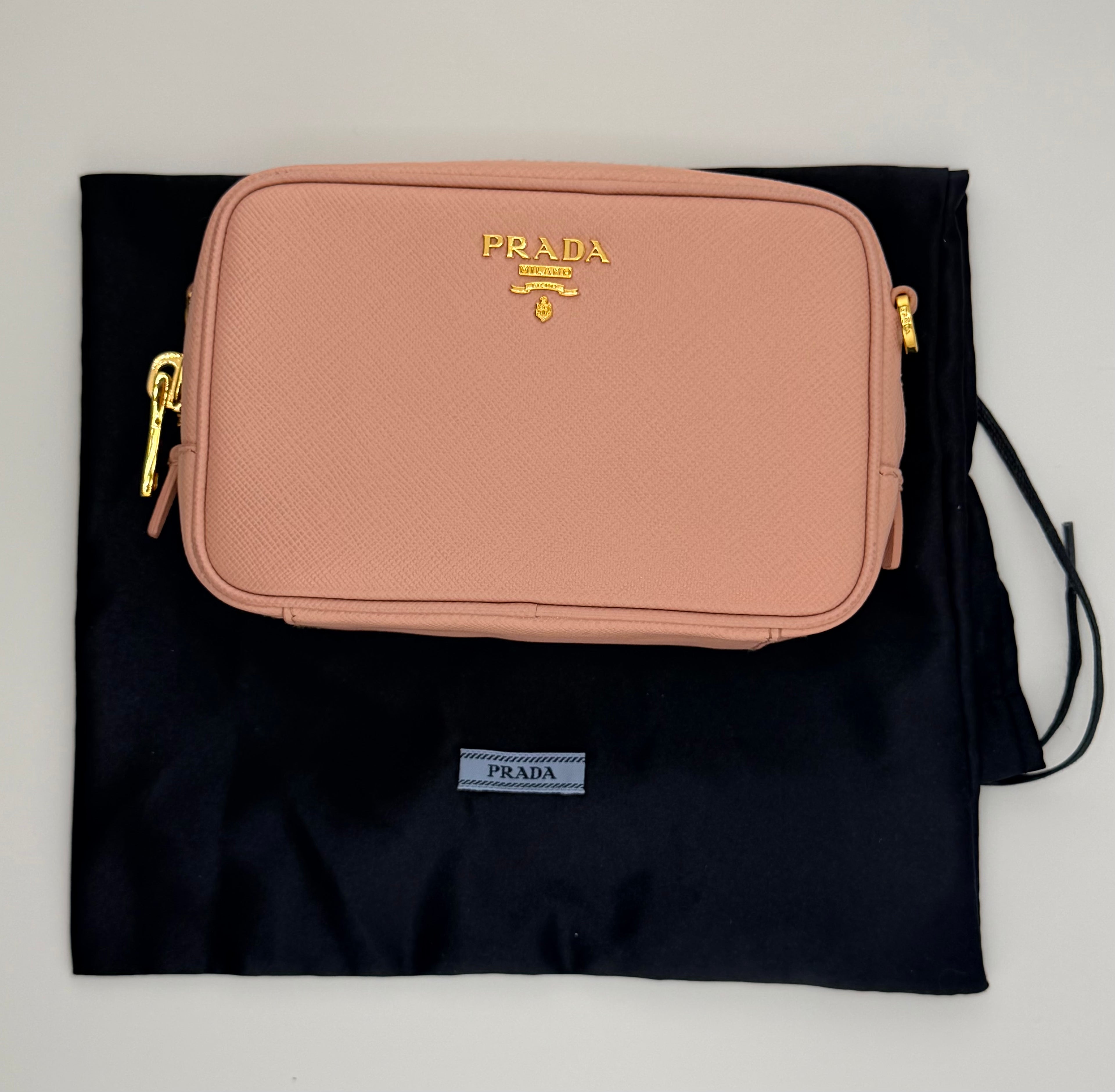 Prada Saffiano Mini Crossbody Bag – Blush Pink with Gold Hardware
