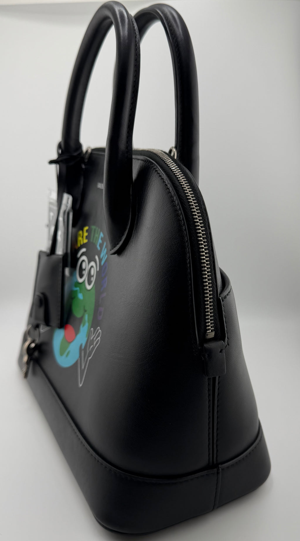 Balenciaga Ville Top Handle Bag “You Are the World” Graphic Leather – Black