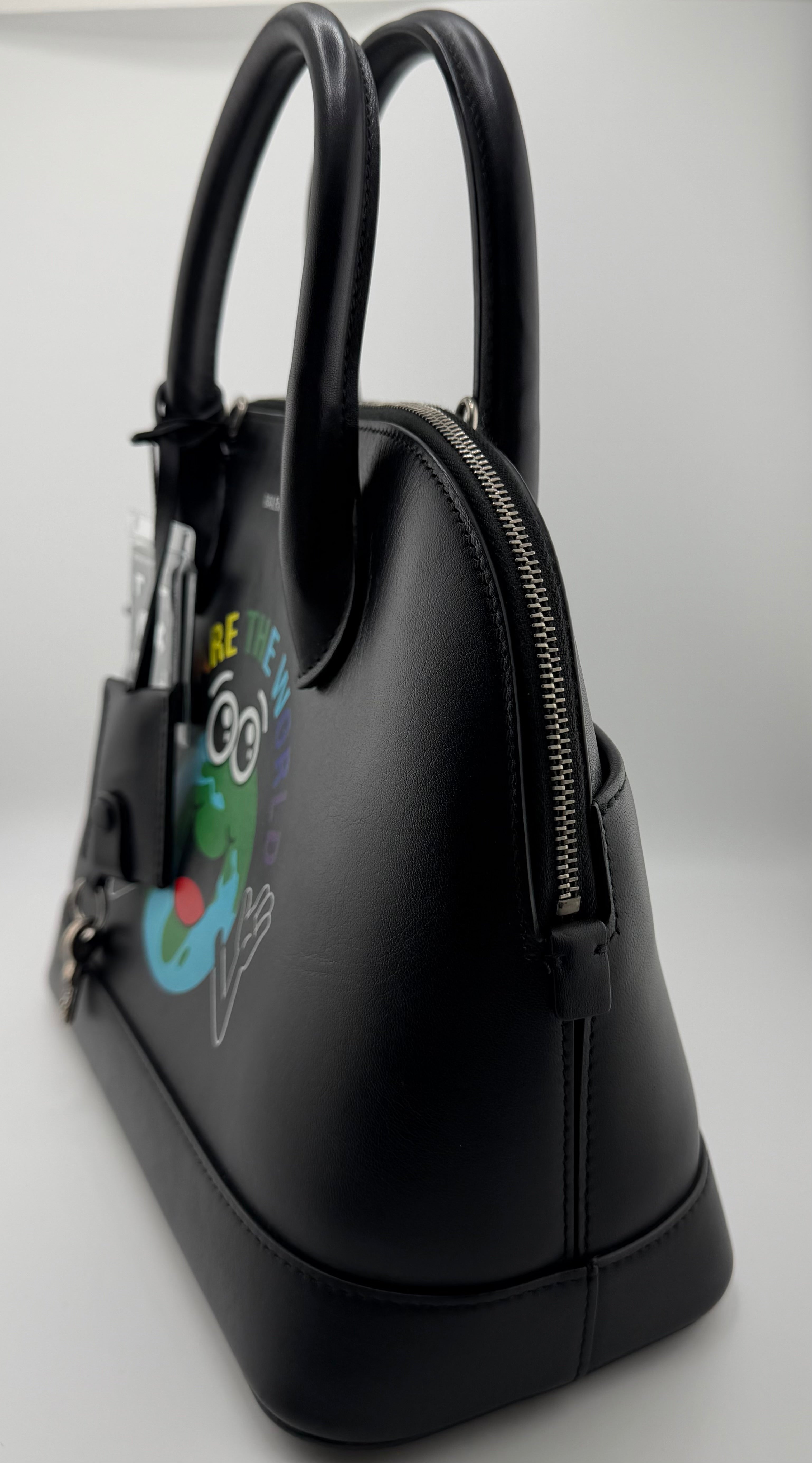 Balenciaga Ville Top Handle Bag “You Are the World” Graphic Leather – Black