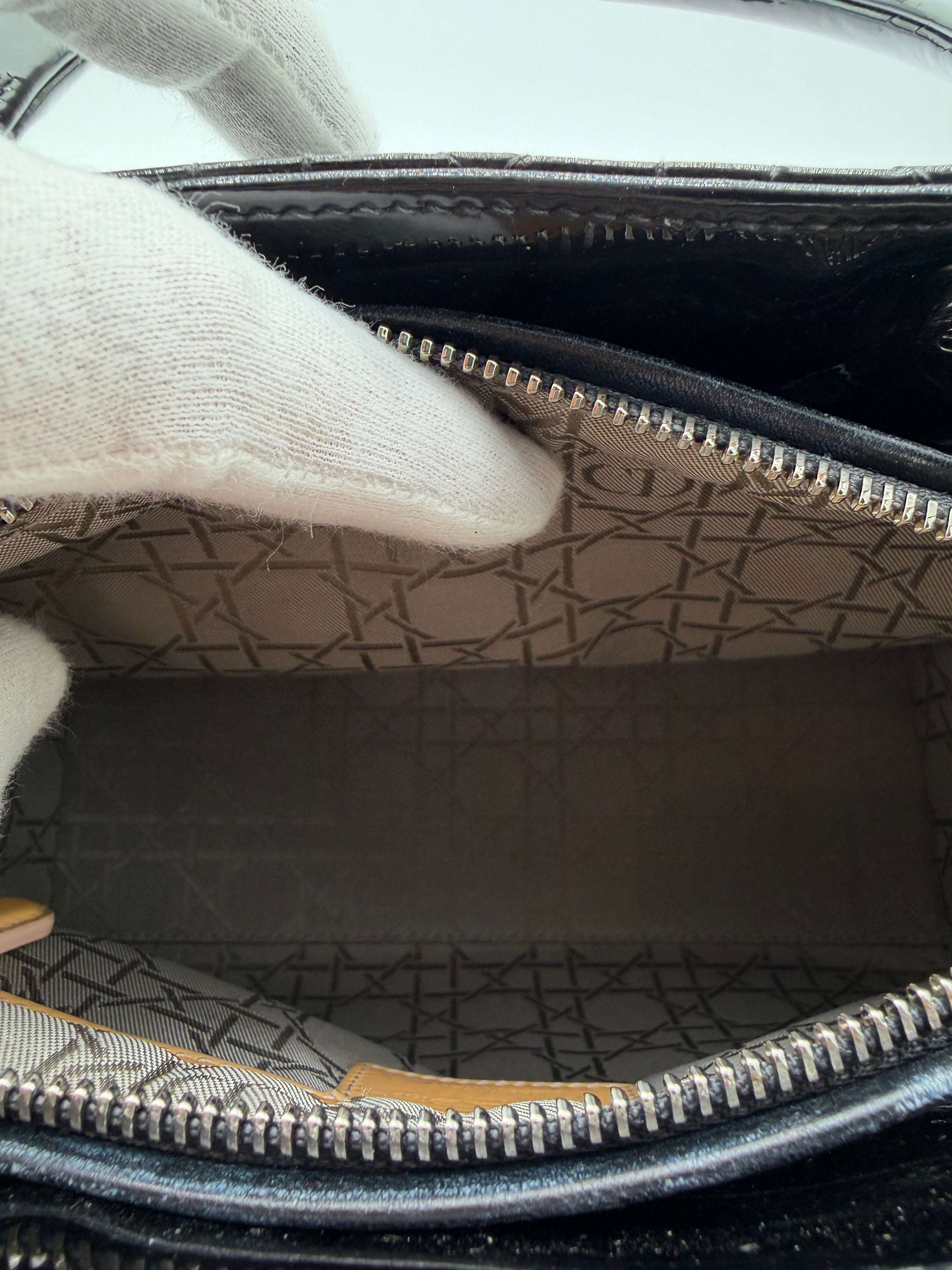 Christian Dior Lady Dior Medium Black Patent Cannage Leather Top Handle Bag | Silver Hardware