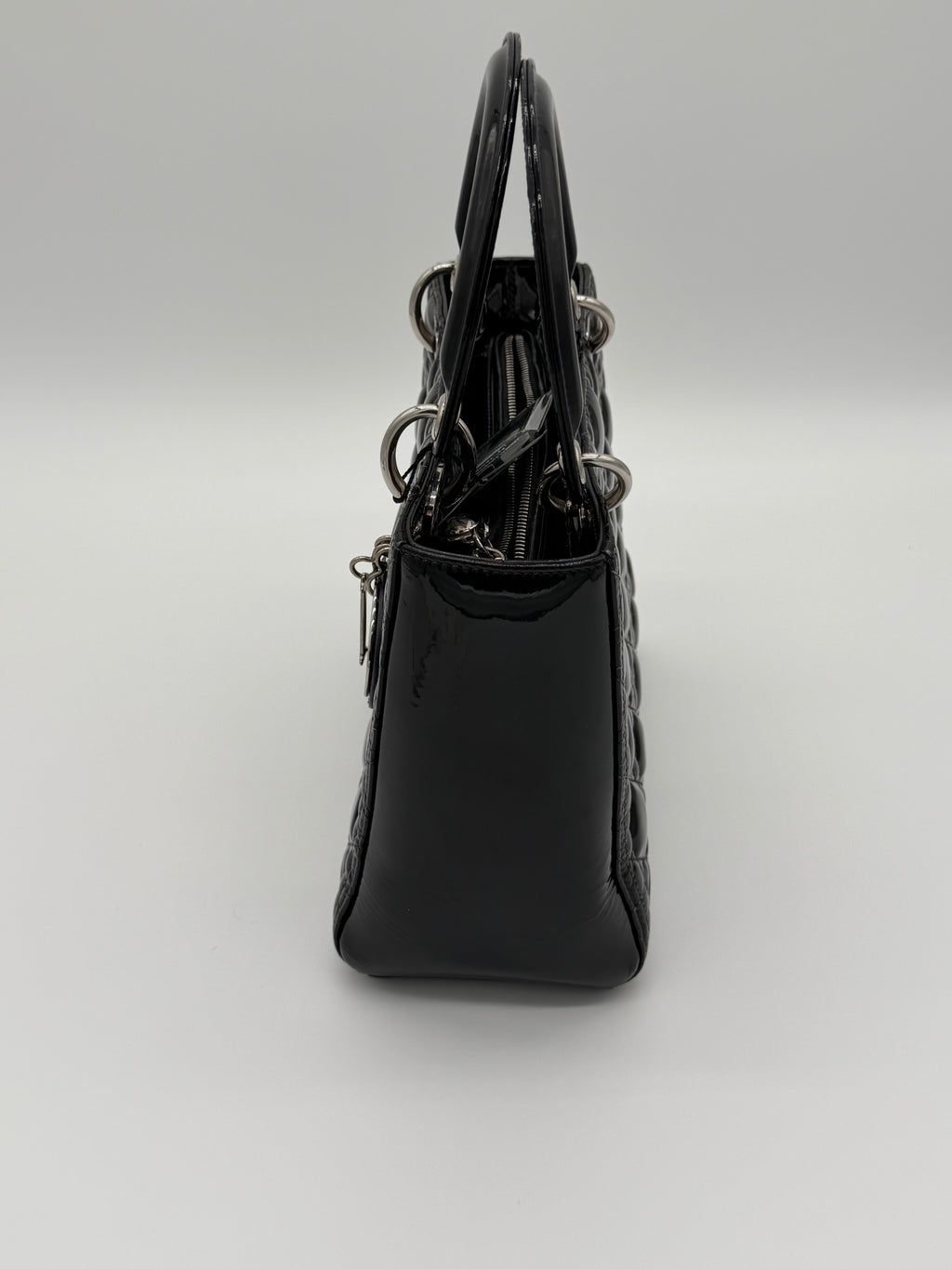 Christian Dior Lady Dior Medium Black Patent Cannage Leather Top Handle Bag | Silver Hardware
