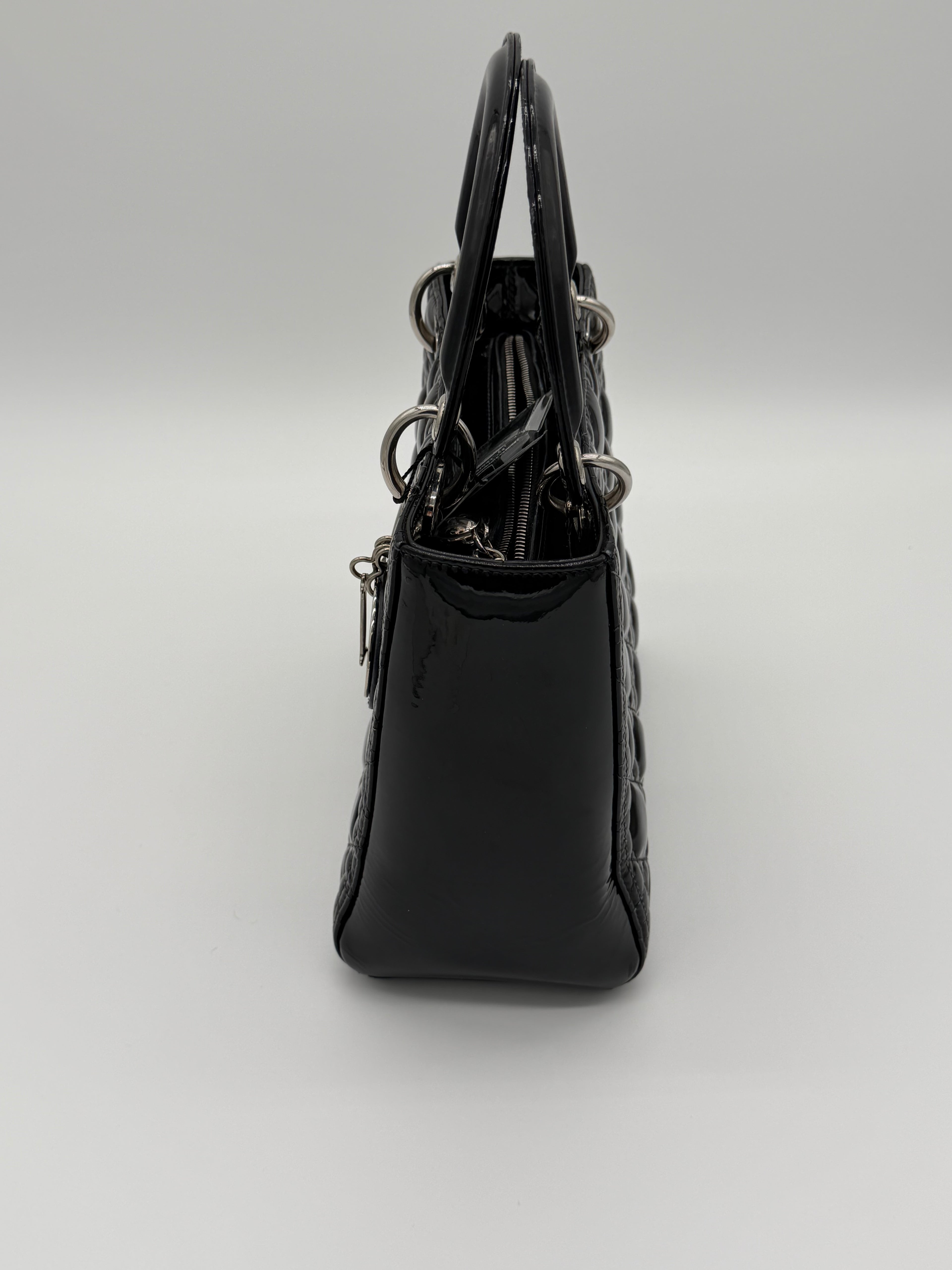 Christian Dior Lady Dior Medium Black Patent Cannage Leather Top Handle Bag | Silver Hardware