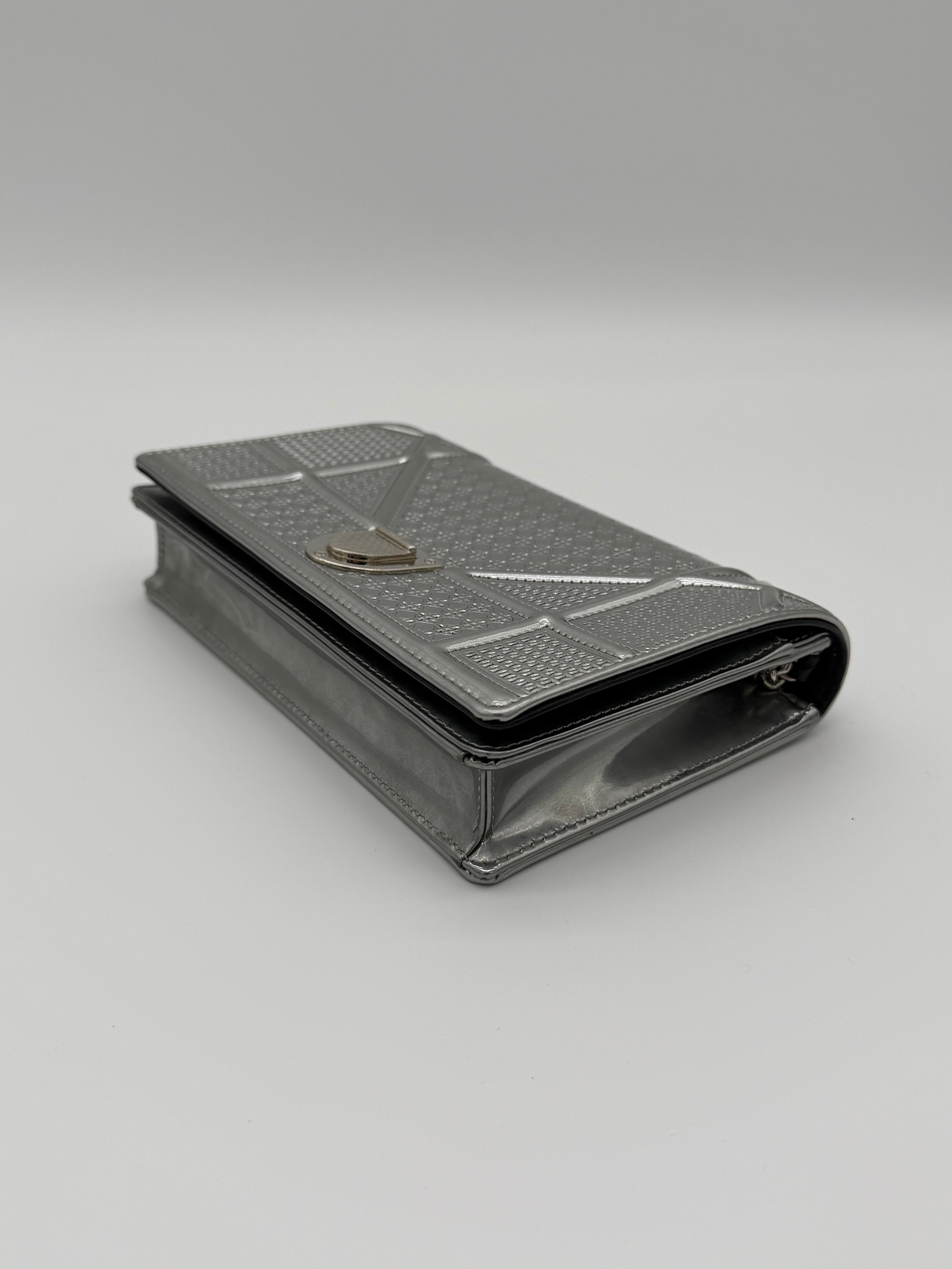 Christian Dior Diorama Silver Micro Cannage Patent Leather Wallet on Chain - Full Set