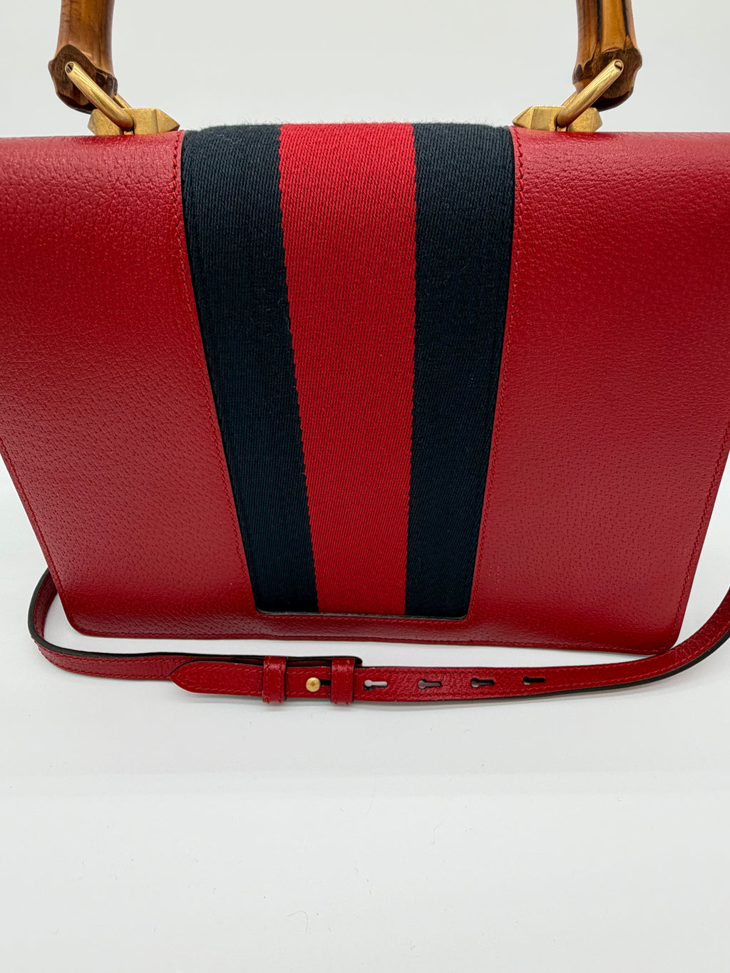 Gucci Bamboo Top Handle Bag – Red Leather with Web Stripe & Moth Appliqué