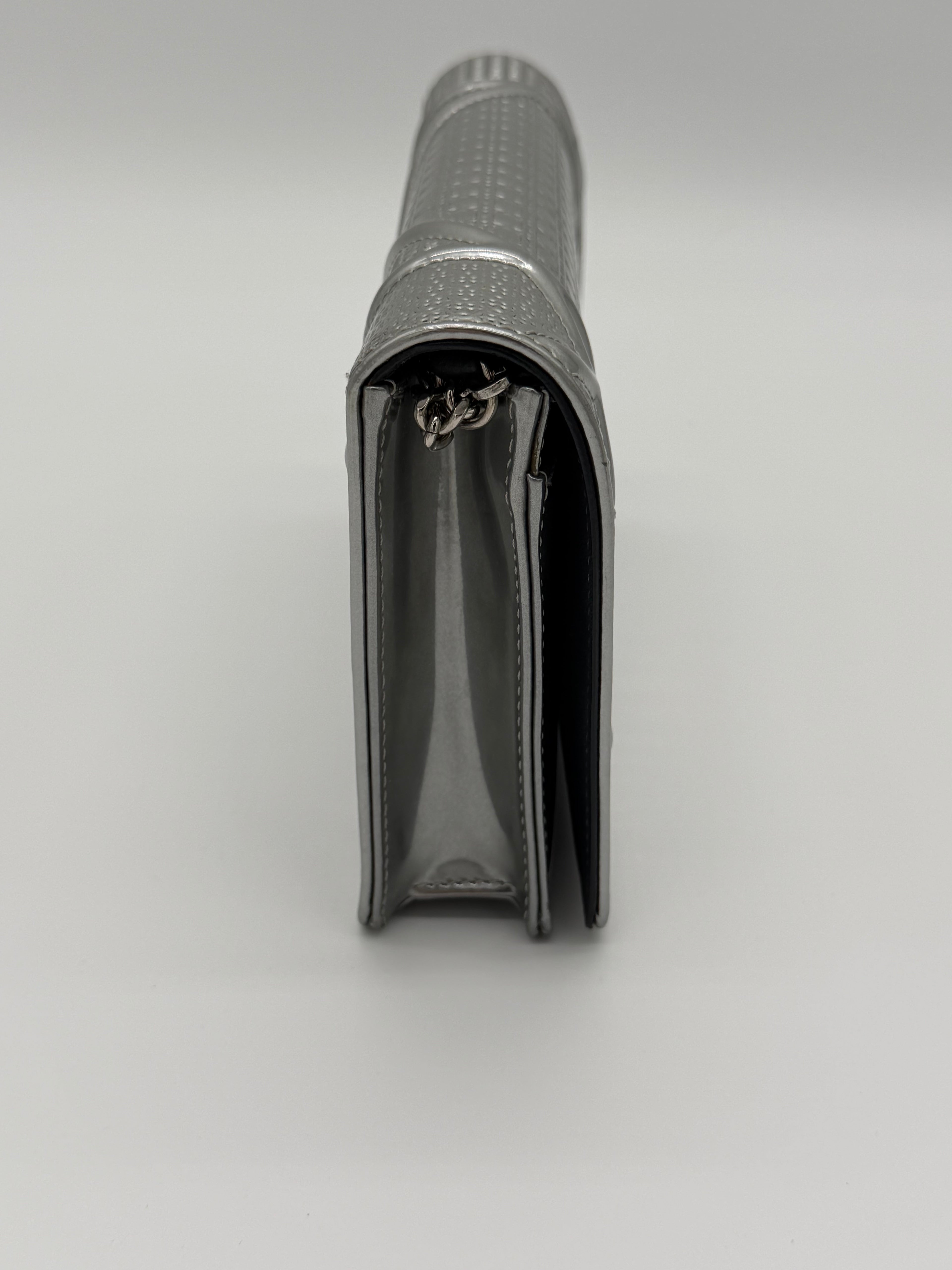 Christian Dior Diorama Silver Micro Cannage Patent Leather Wallet on Chain - Full Set