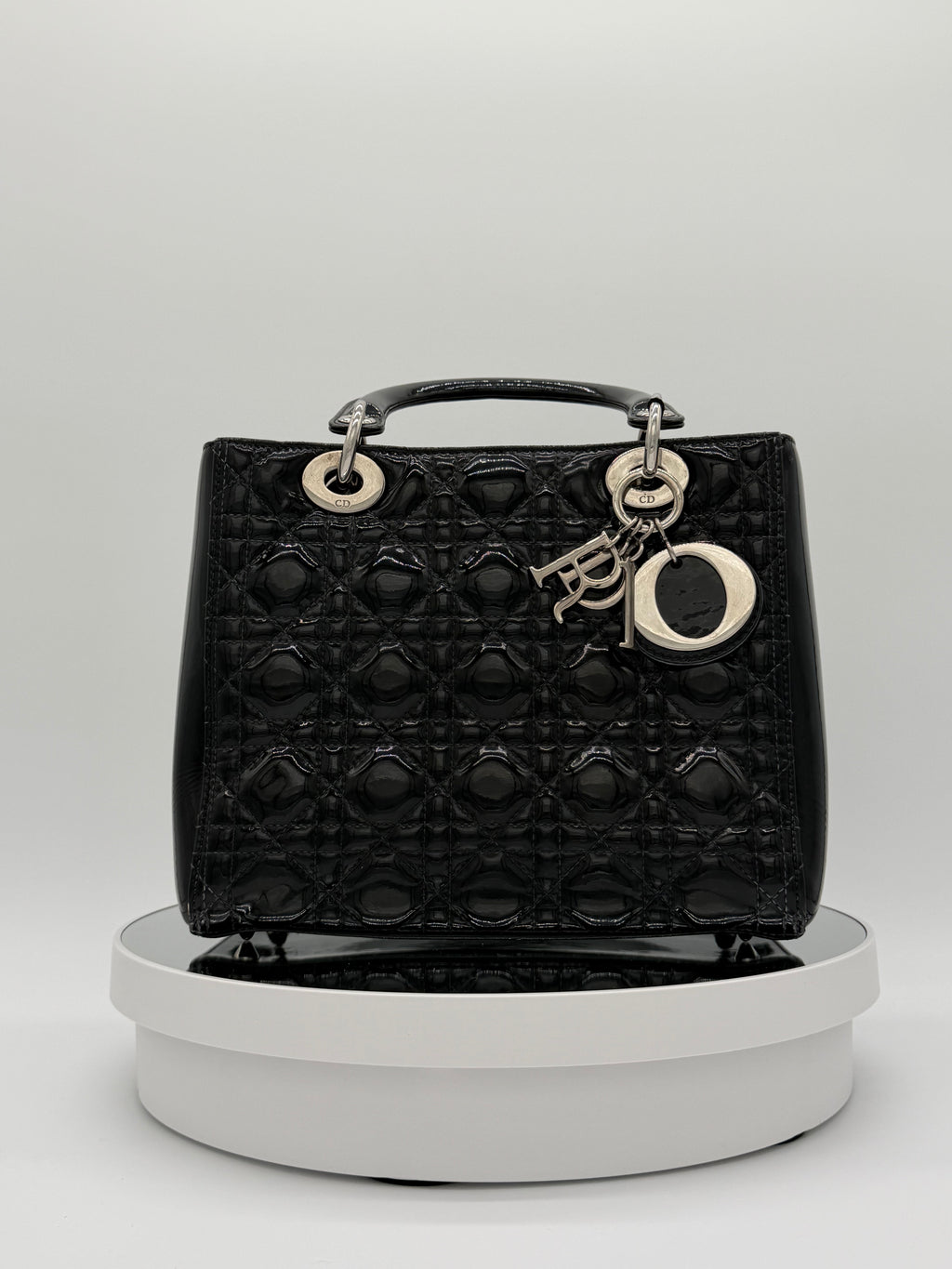 Christian Dior Lady Dior Medium Black Patent Cannage Leather Top Handle Bag | Silver Hardware