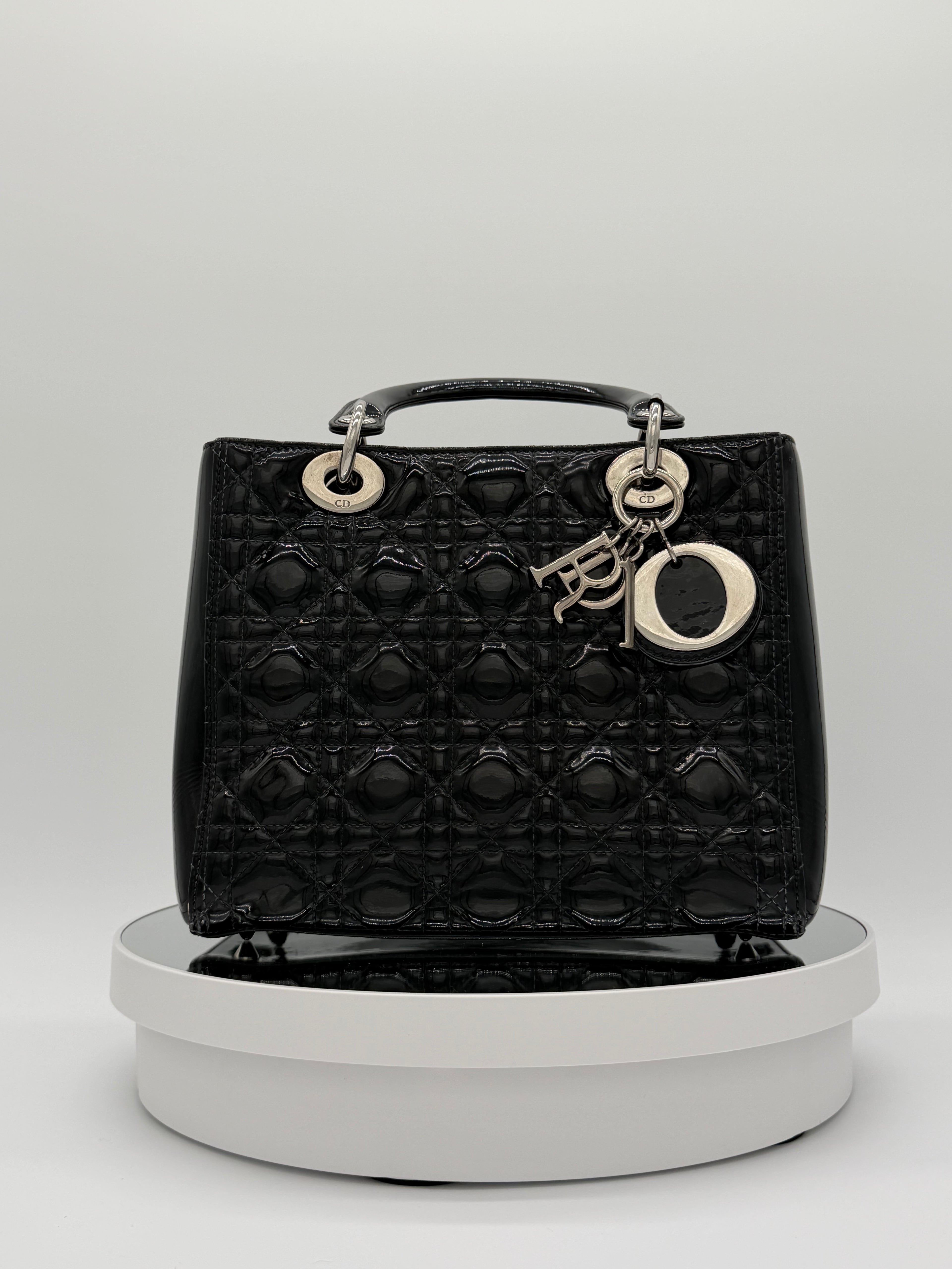 Christian Dior Lady Dior Medium Black Patent Cannage Leather Top Handle Bag | Silver Hardware