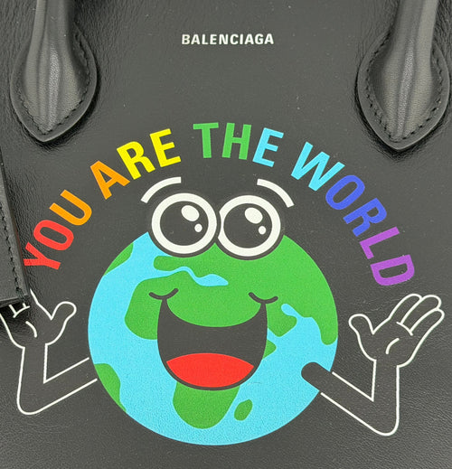 Balenciaga Ville Top Handle Bag “You Are the World” Graphic Leather – Black