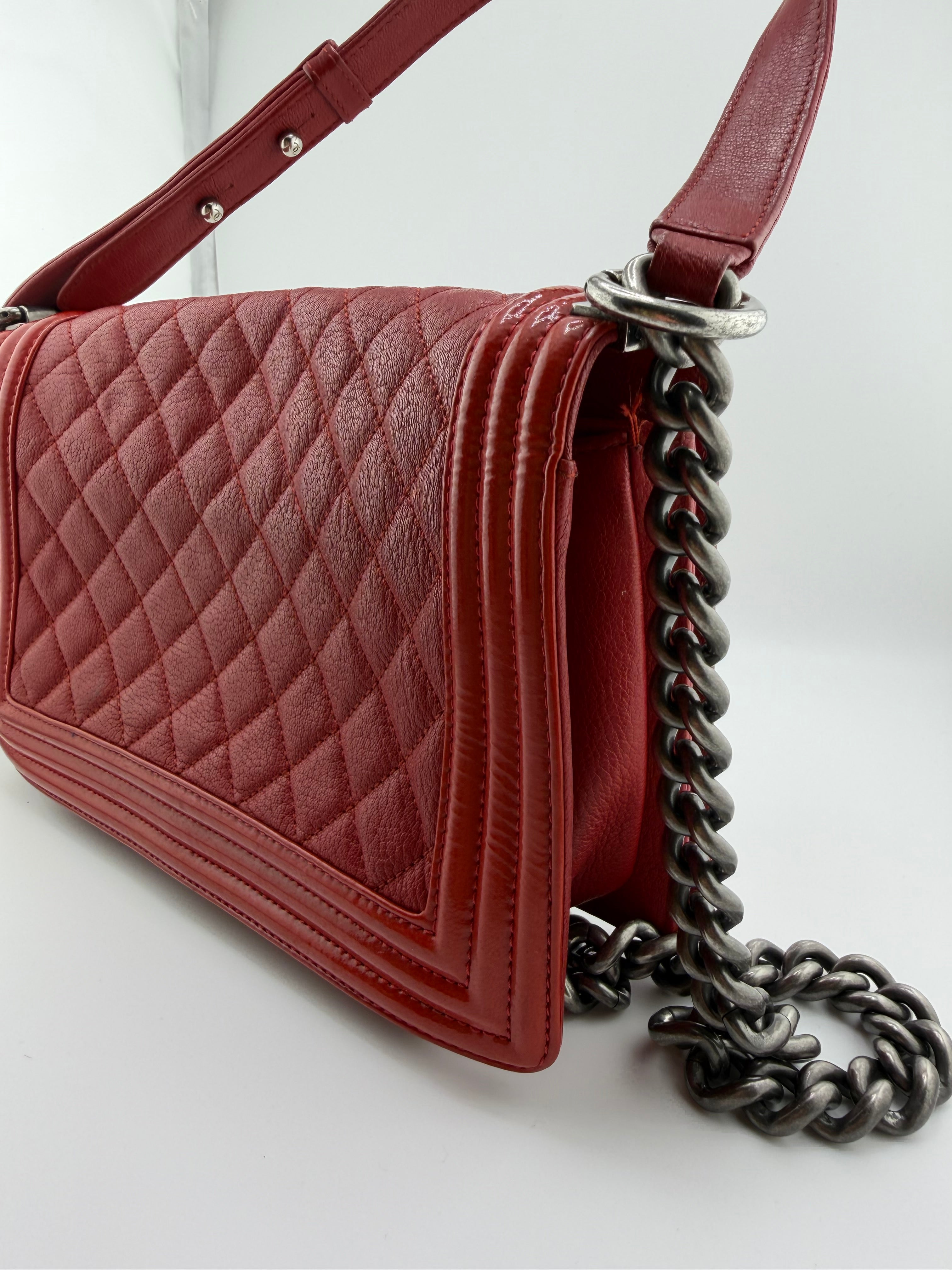 Chanel Medium Boy Bag Quilted Leather Red with Ruthenium Hardware