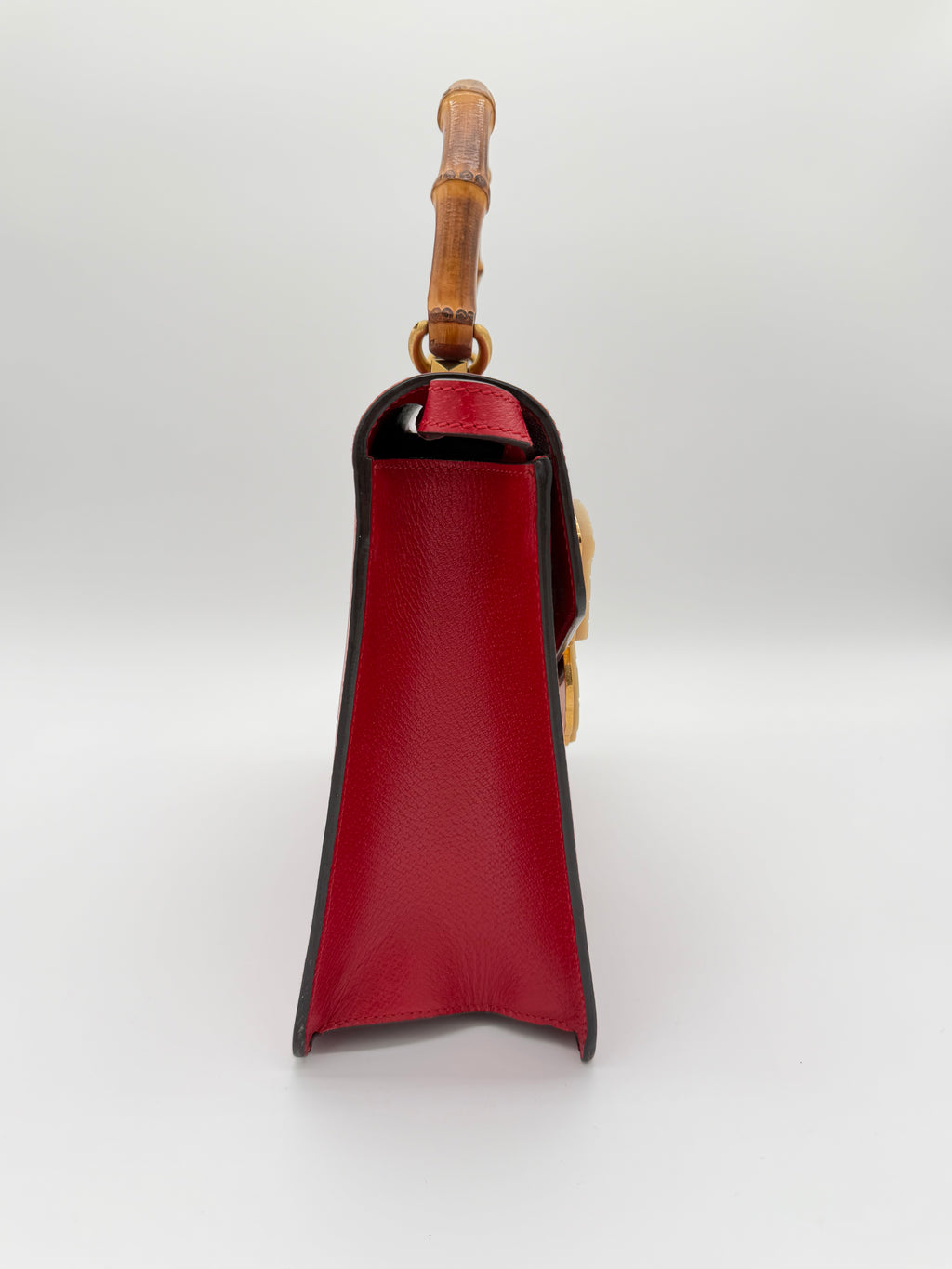 Gucci Bamboo Top Handle Bag – Red Leather with Web Stripe & Moth Appliqué