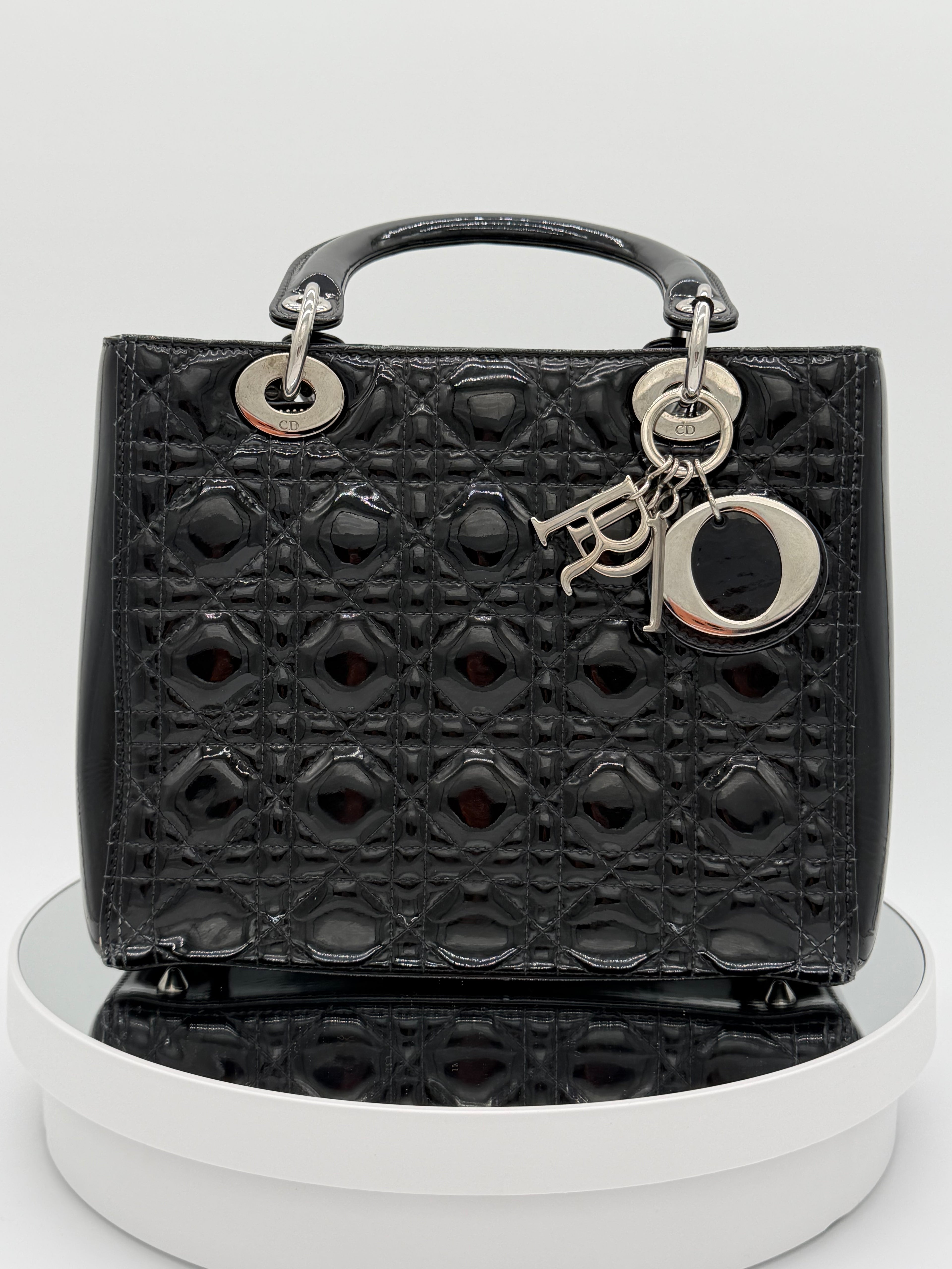 Christian Dior Lady Dior Medium Black Patent Cannage Leather Top Handle Bag | Silver Hardware