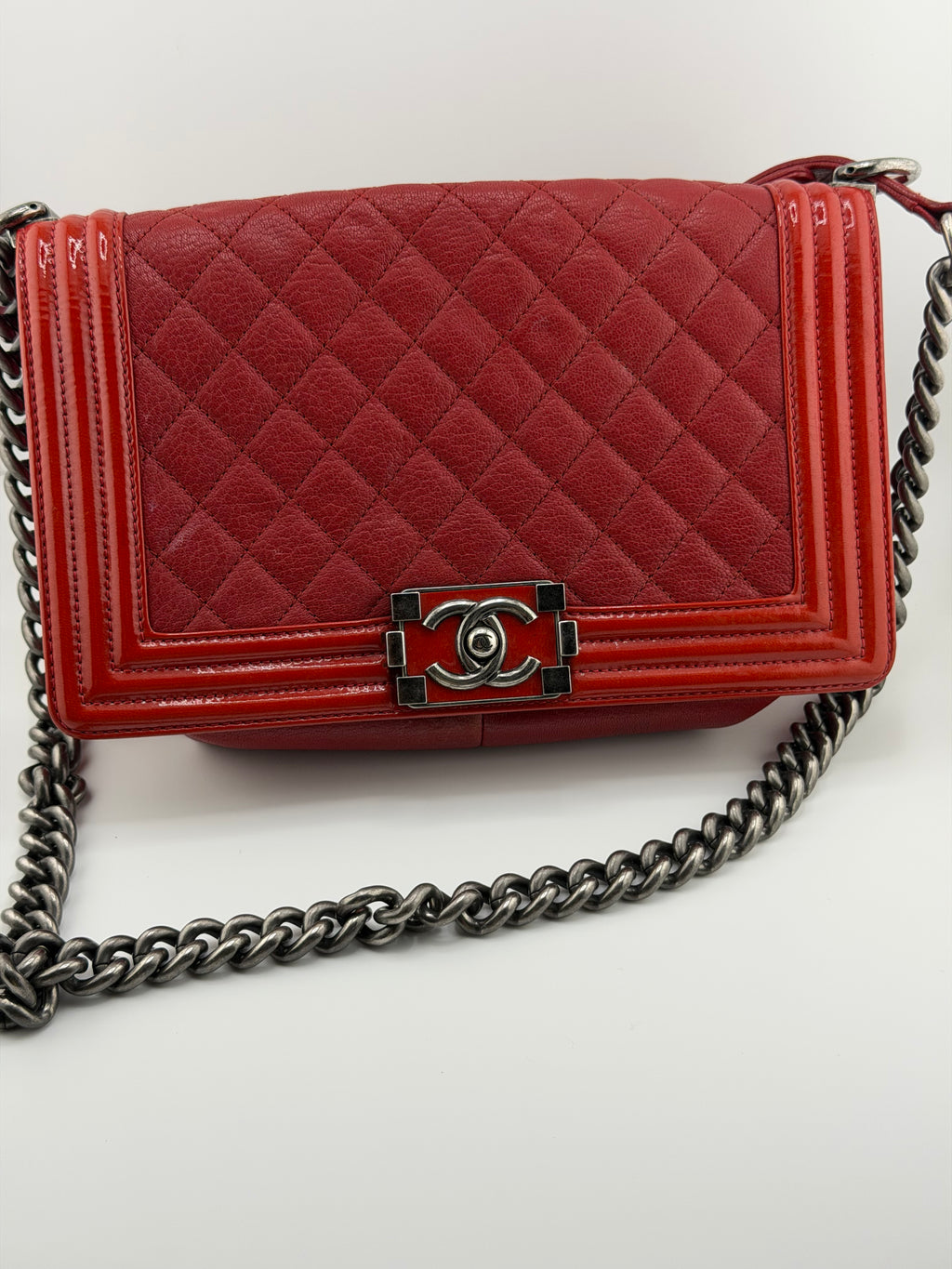 Chanel Medium Boy Bag Quilted Leather Red with Ruthenium Hardware