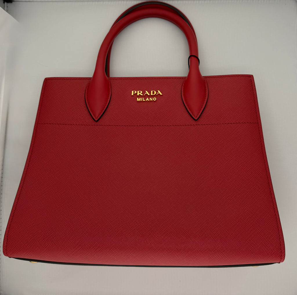 Prada Bibliothèque Red Saffiano Accordion Tote | The Lux Doctor
