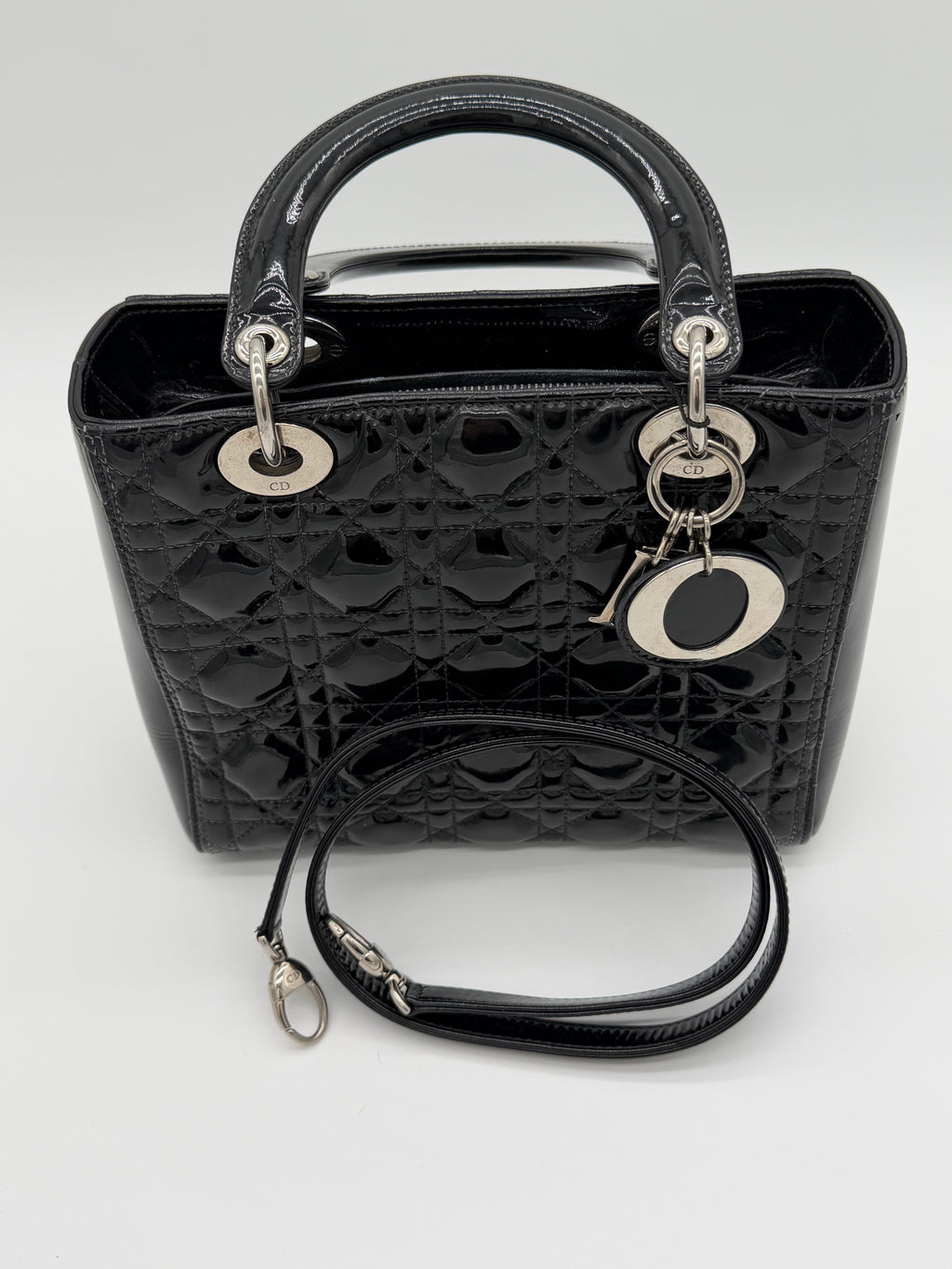 Christian Dior Lady Dior Medium Black Patent Cannage Leather Top Handle Bag | Silver Hardware