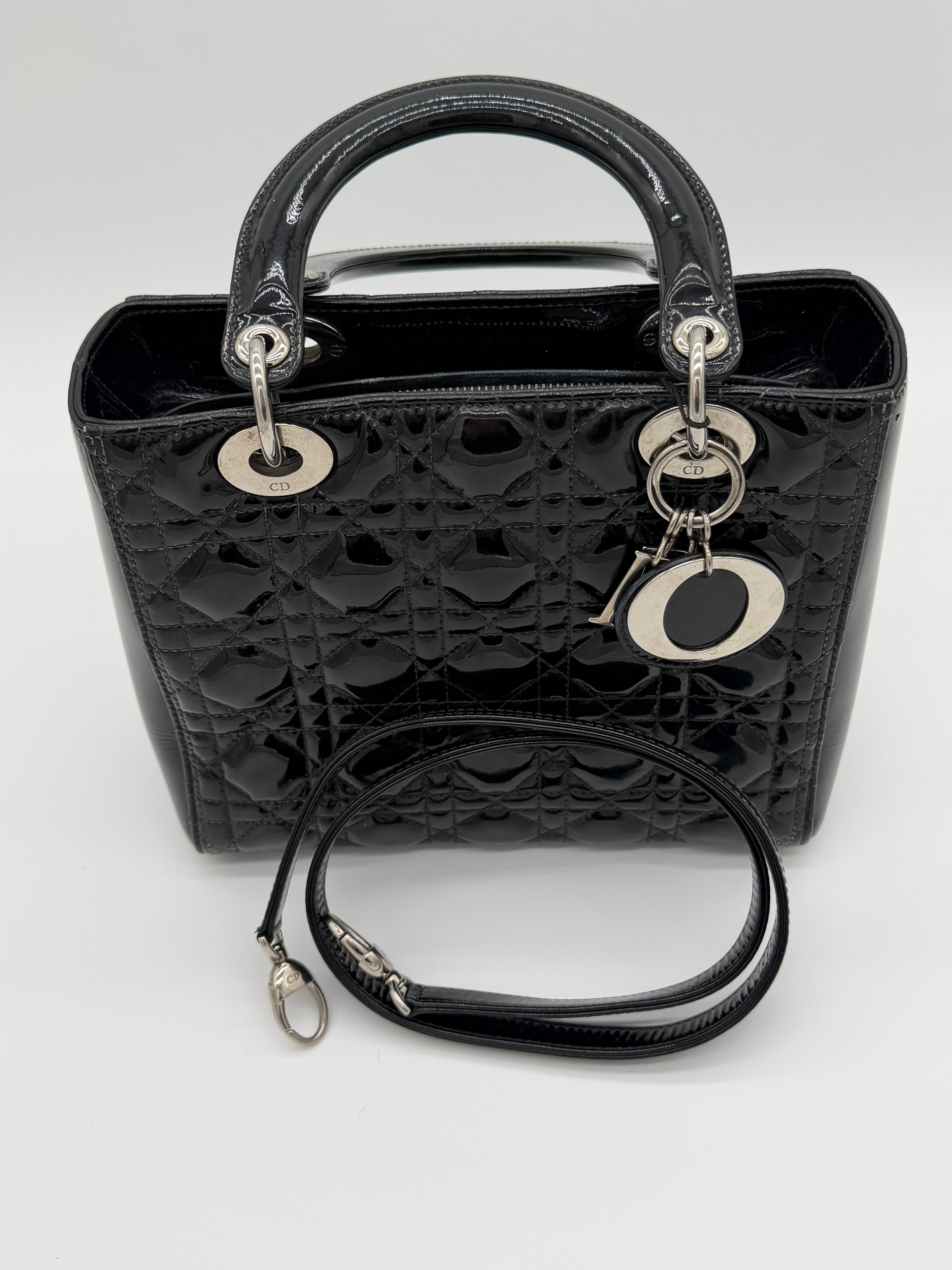 Christian Dior Lady Dior Medium Black Patent Cannage Leather Top Handle Bag | Silver Hardware